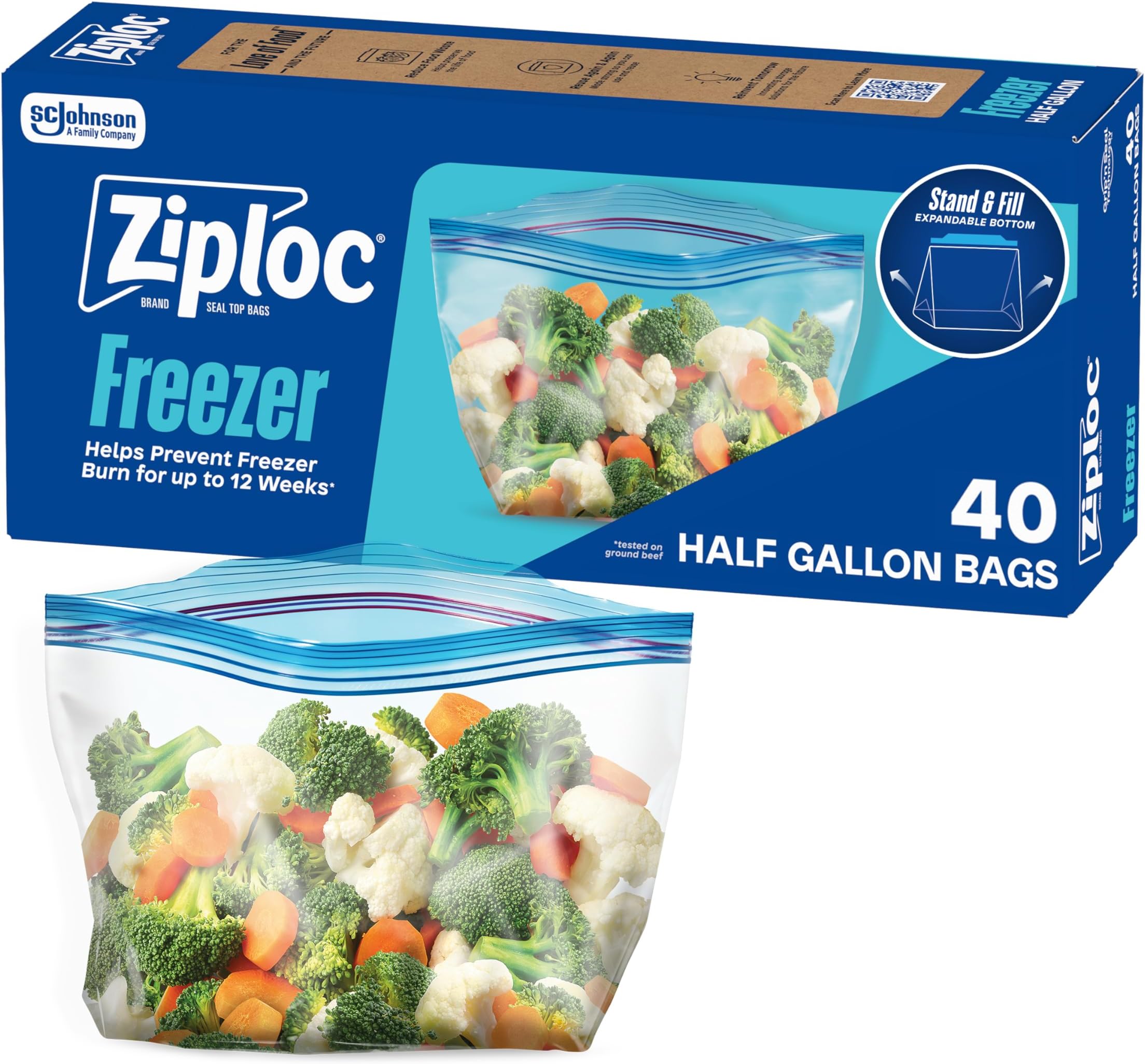 Half Gallon Food Storage Freezer Bags, Easy Open and Close, 40 Bags Total
