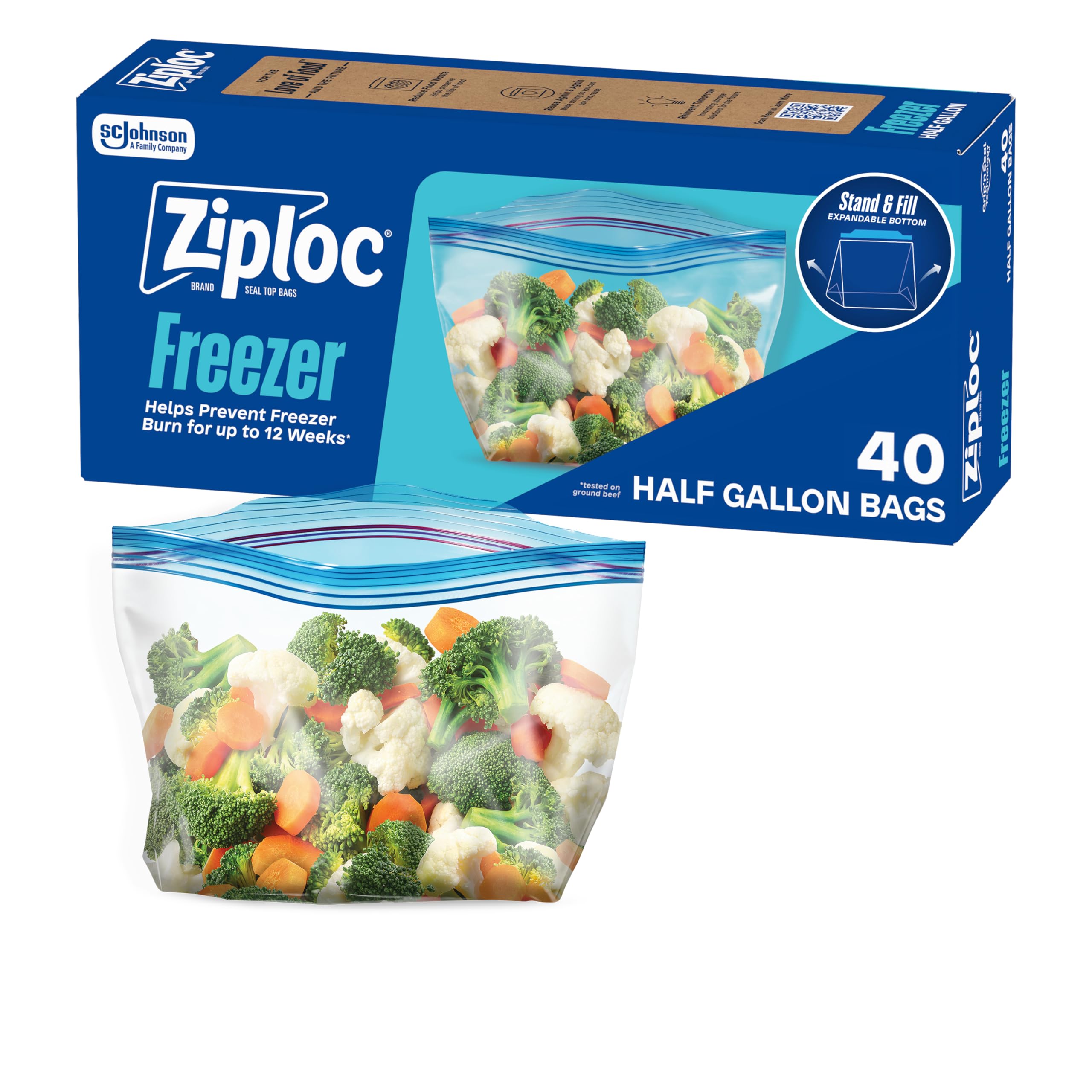 Ziploc Half Gallon Food Storage Freezer Bags, Grip 'n Seal Technology for Easier Grip, Open, and Close, 40 Bags Total