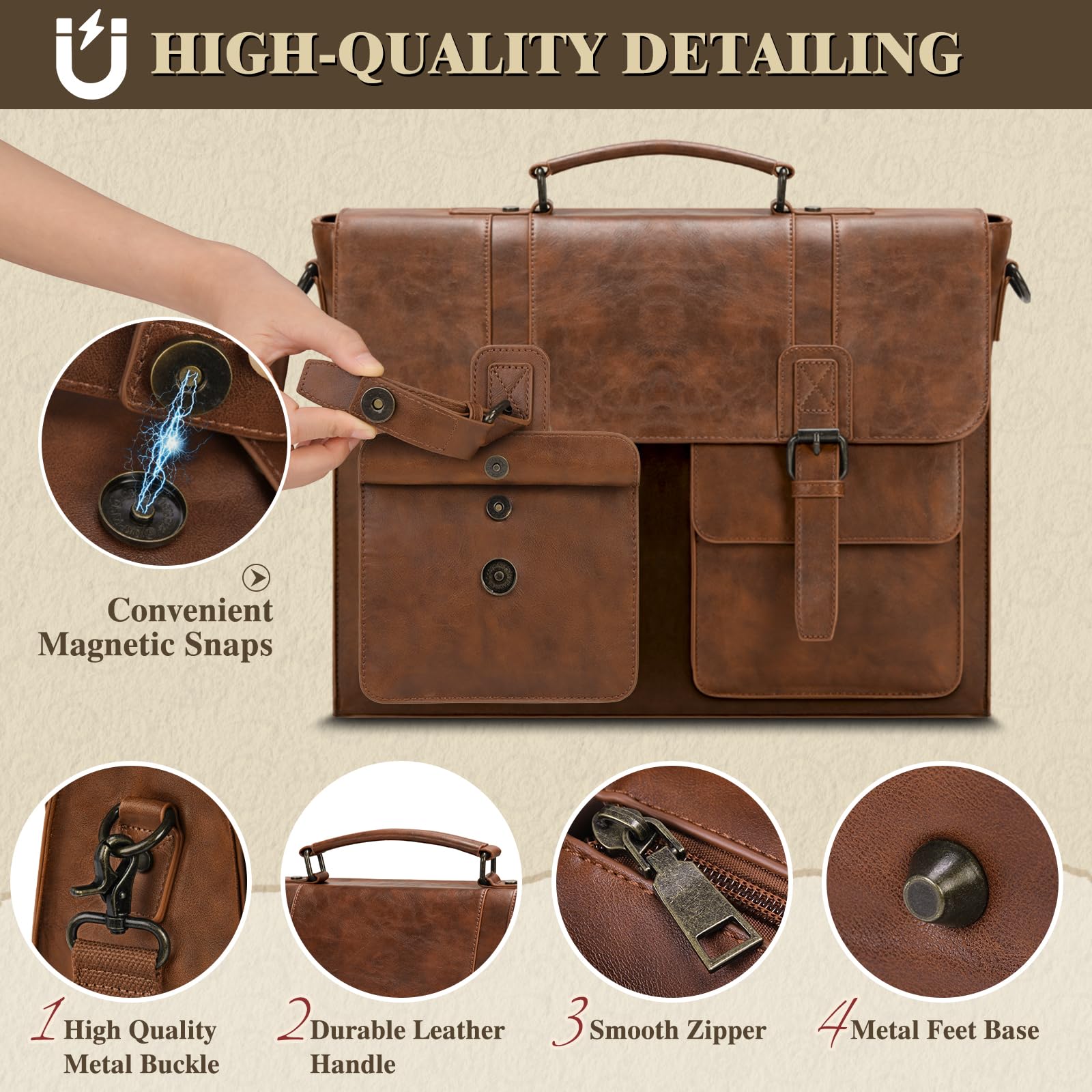 RAINSMORE Maletin Portatil 15,6 Pulgadas Piel PU Bolso de Mensajero Impermeable Bandolera Hombre Grande para Trabajo Negocios Marrón