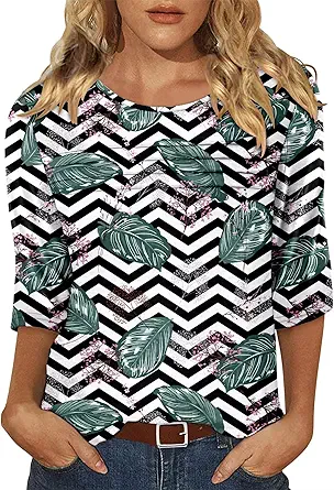 KISSMODA Women's Casual 3/4 Sleeve T-Shirts Round Neck Cute Tunic Tops Basic/Pleated Summer Tops Trendy Spring Blouses