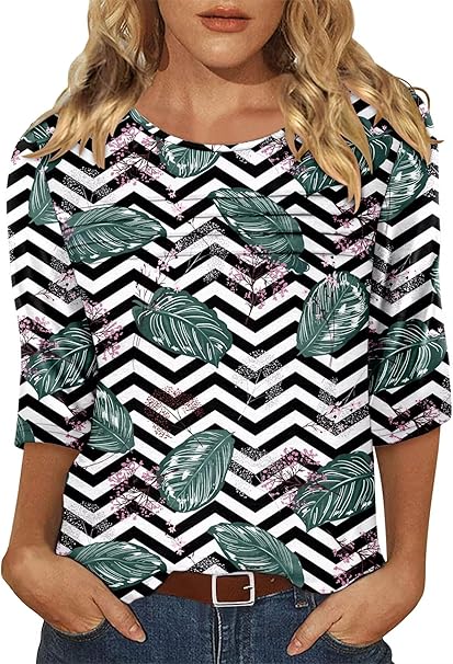 KISSMODA Women's Casual 3/4 Sleeve T-Shirts Round Neck Cute Tunic Tops Basic/Pleated Summer Tops Trendy Spring Blouses