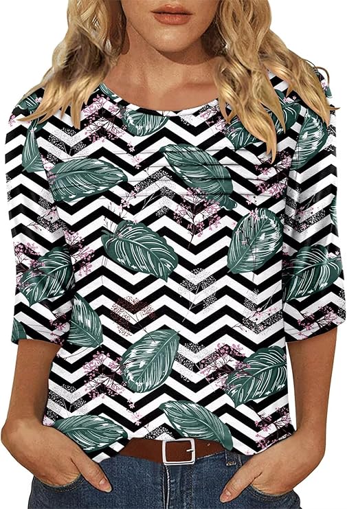 KISSMODA Women's Casual 3/4 Sleeve T-Shirts Round Neck Cute Tunic Tops Basic/Pleated Summer Tops Trendy Spring Blouses