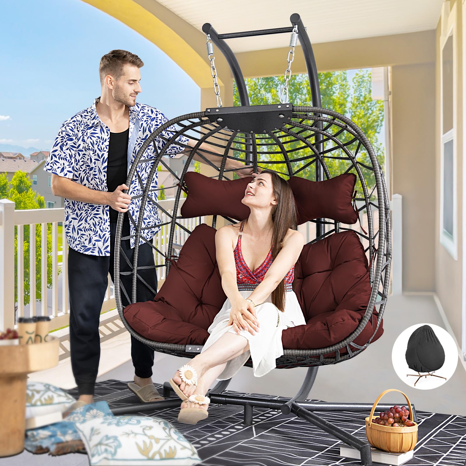 Silla Colgante Columpio Doble De Mimbre Con Cojín Impermeable