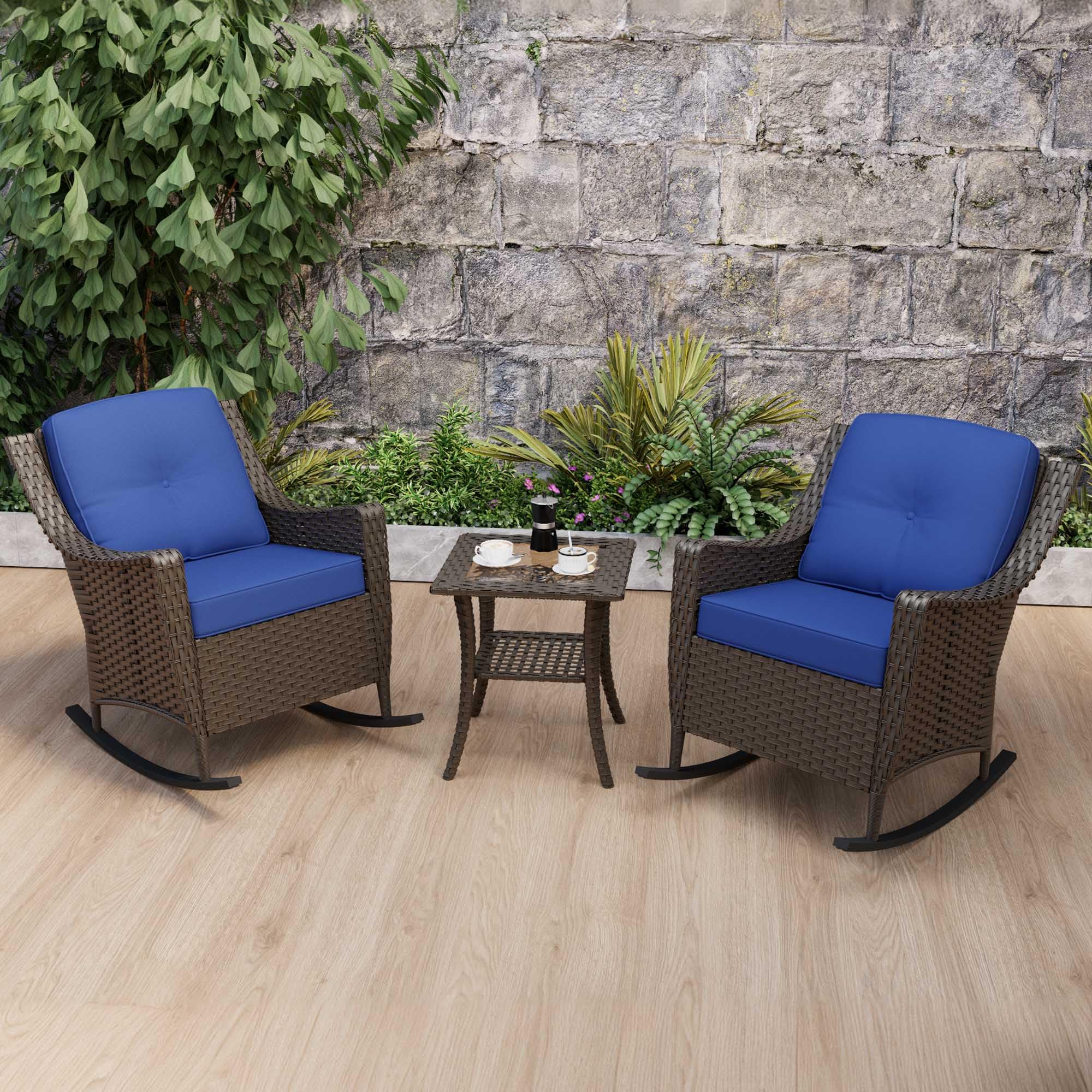 Yokayoay 3 Pieces Patio Furniture Set, 2 High Back Rattan Rocking Chairs and Side Table, Outdoor PE Wicker Furniture Set, All Weather Patio Set with