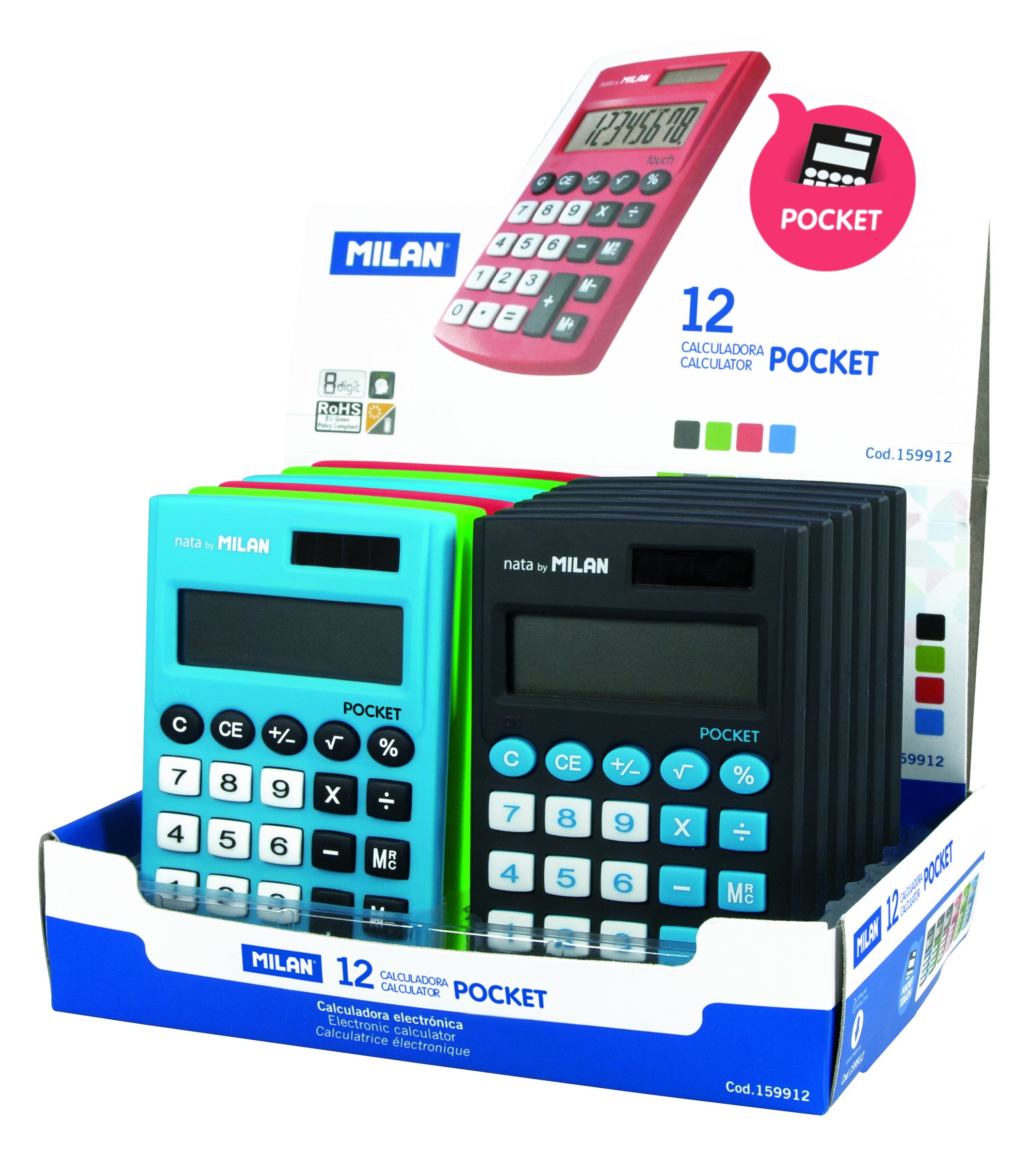 Milan 159912 - Pack de 12 calculadoras, 8 dígitos, multicolor