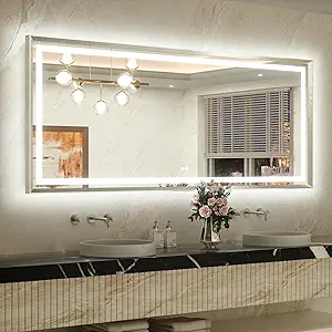 TETOTE 72 x 32 Large Bathroom Mirror Brushed Bright Nickel Metal Frame Frontlit & Backlit Vanity Mirror 3 Colors White/Warm/Natural Stepless Dimmable Anti-Fog Bathroom Mirrors for Vanity Wall-Mounted