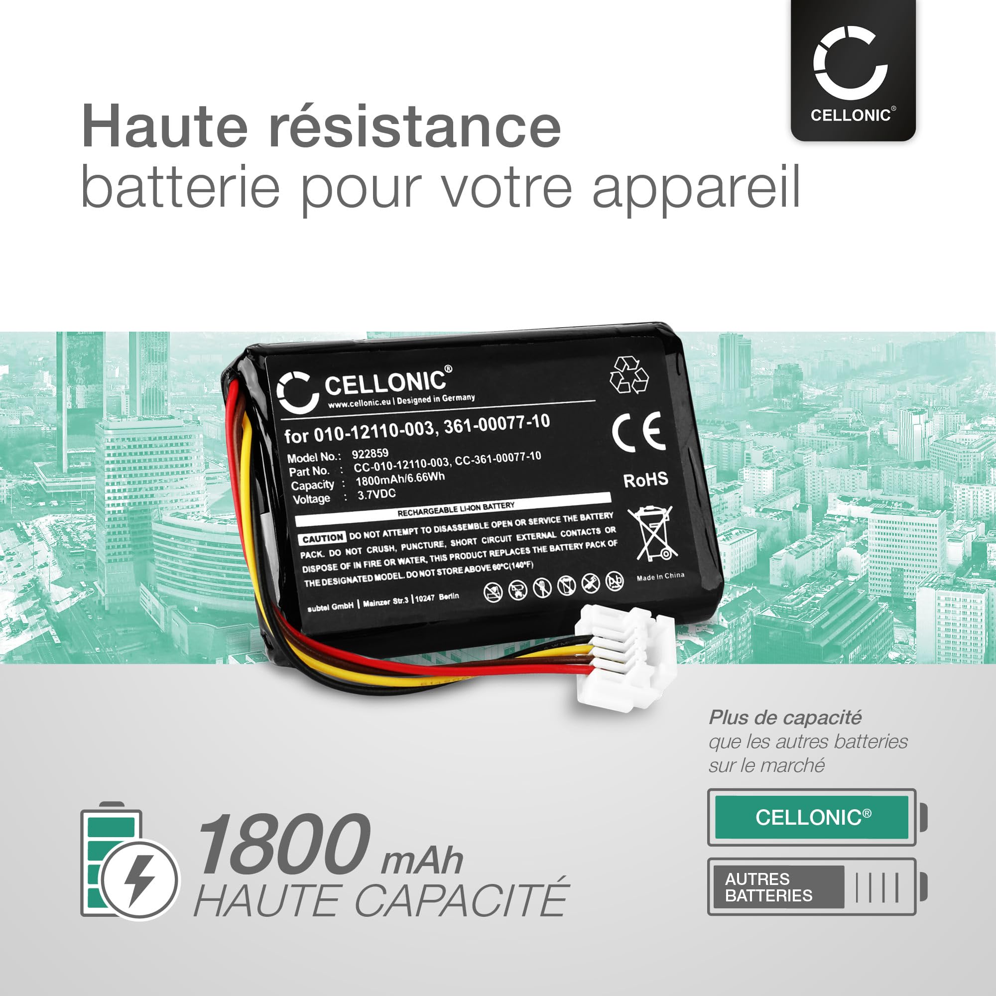 CELLONIC 1x Batterie Compatible avec Garmin 010-01603-10, Zumo 590 | 1x, (1800mAh, 3.7V, Lithium Ion), GPS / Navigation Batterie pour Garmin Zumo 595, 590, 361-00077-10, 361-00077-00