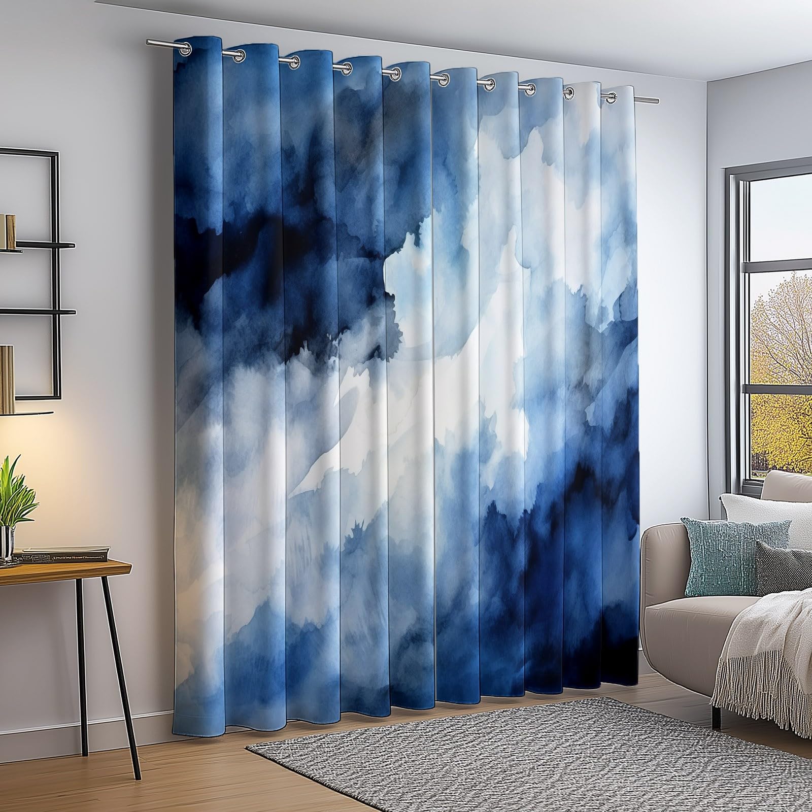 91.5L X 214H cm (2 Panneaux) Rideau Occultant Thermiques, Abstrait Nuages Aquarelle Imprimé Rideau pour Salon Chambre Fenetre Cuisine Bleu Blanc Rideaux et Draperies Intérieurs à Oeillets