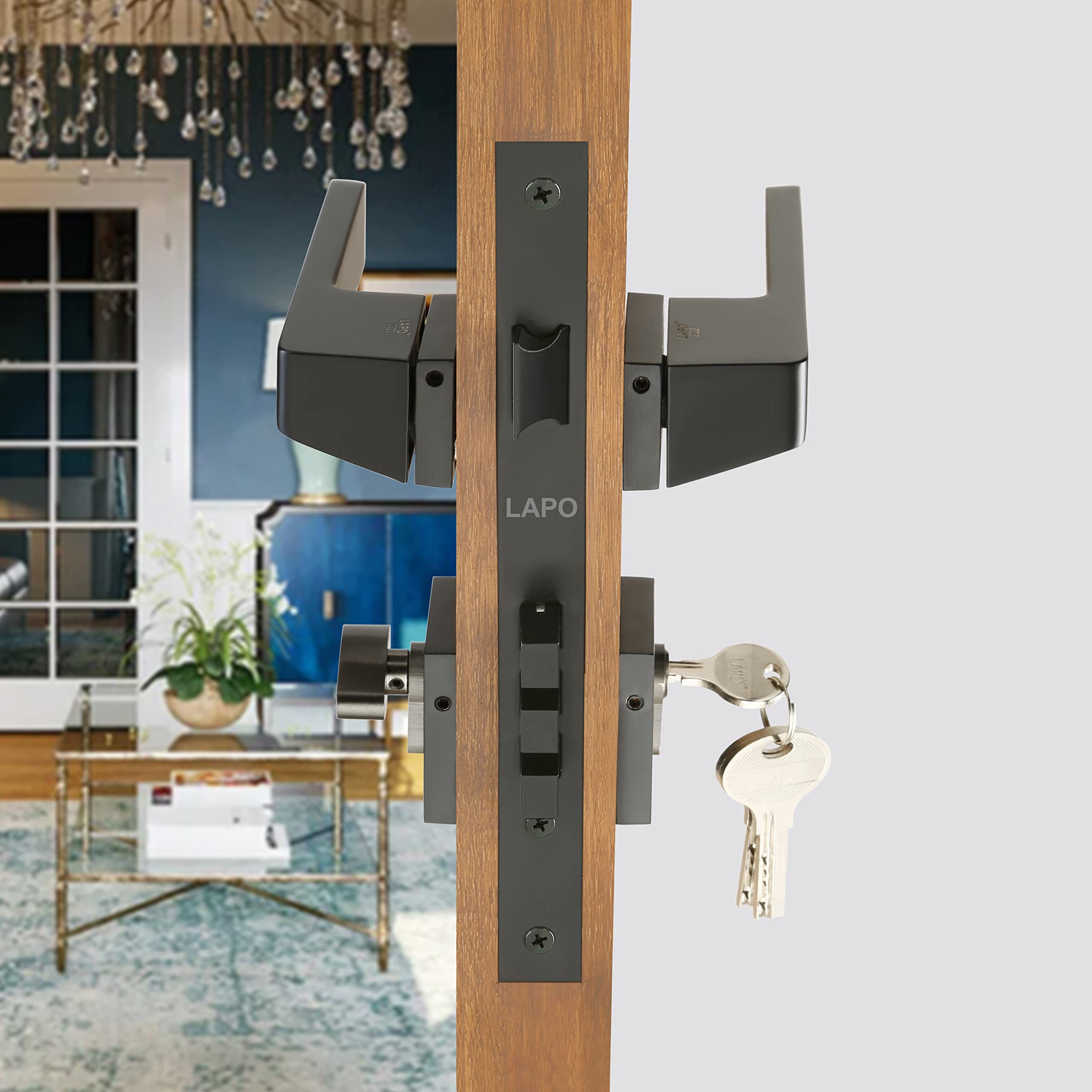 LAPO Mortise Door Lock for Home Main Door & Bedroom with Handle - Left-Right Fit 30-50mm Door Home Office Hotel - Heavy-Duty 70mm Cylinder - 50x85mm Body - 3 Brass Keys | Black Finish | Ro-154 — Amazon image 8