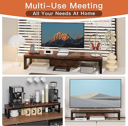 Miniatura 4 de Elevador de monitor doble, elevador de monitor de madera y acero, soportes largos para monitor de computadora para 2 monitores, estante de