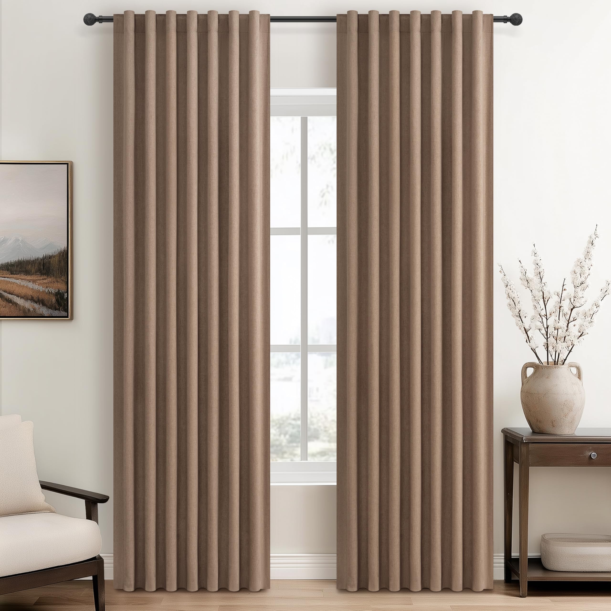 RustBrown Black Out 92 Inch Long Boho Curtains 2 Panel Set, Farmhouse Curtains for Living Room Darkening/Thermal/Noise Reduction Textured Flax Linen Drape Hook&Ring Included Chocolate 50"x92" โ image 1