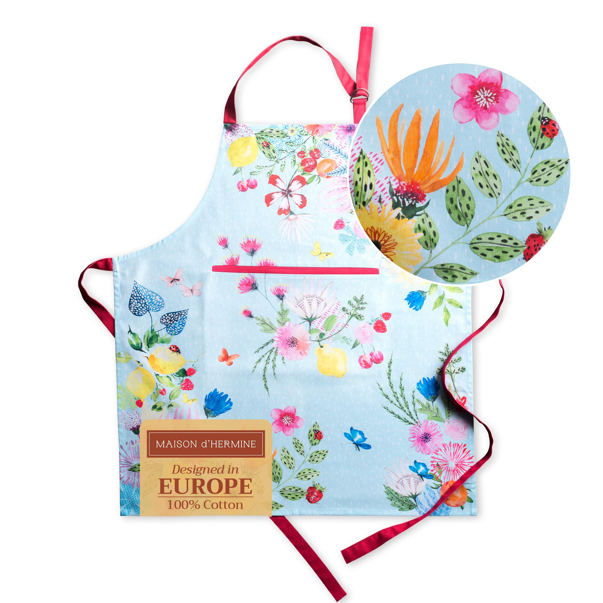 Maison d' Hermine 100% Cotton Apron for women with Pocket Kitchen Chef Spring Summer Apron for Men Cooking Gardening Server Waitress Maid - (Jardin D'Ete - Mint, 85 cm x 70 cm)