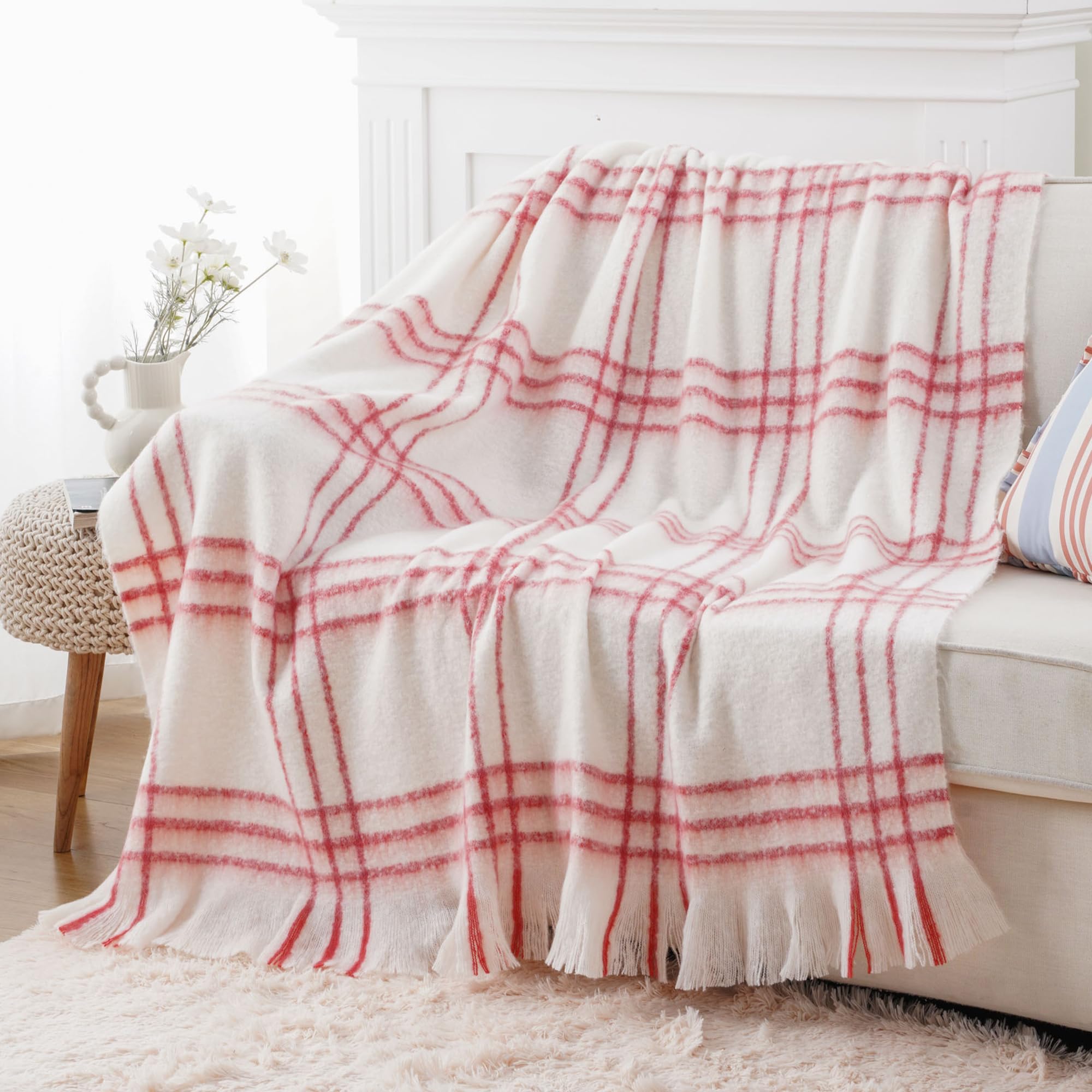 Battilo Plaid Throw Blanket for Couch Bed Farmhouse Mohair Plaid Blankets, Soft Cashmere Checkered Pattern - Image 4