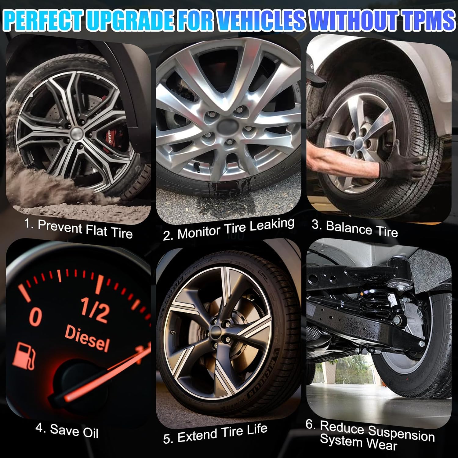 B-Qtech Tire Pressure Monitoring System with 6 External Sensors, Wireless TPMS for Car Truck RV Motorcycle, Real-time Display Pressure Temperature, 6 Alert Modes, Support iOS & Android