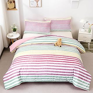 Dropshipful Rainbow Striped Comforter Set Twin Size, Red Yellow Green Pink Comforter Bedding Set for Teen Girls Adults, 3 Piece, 1 Comforter (68