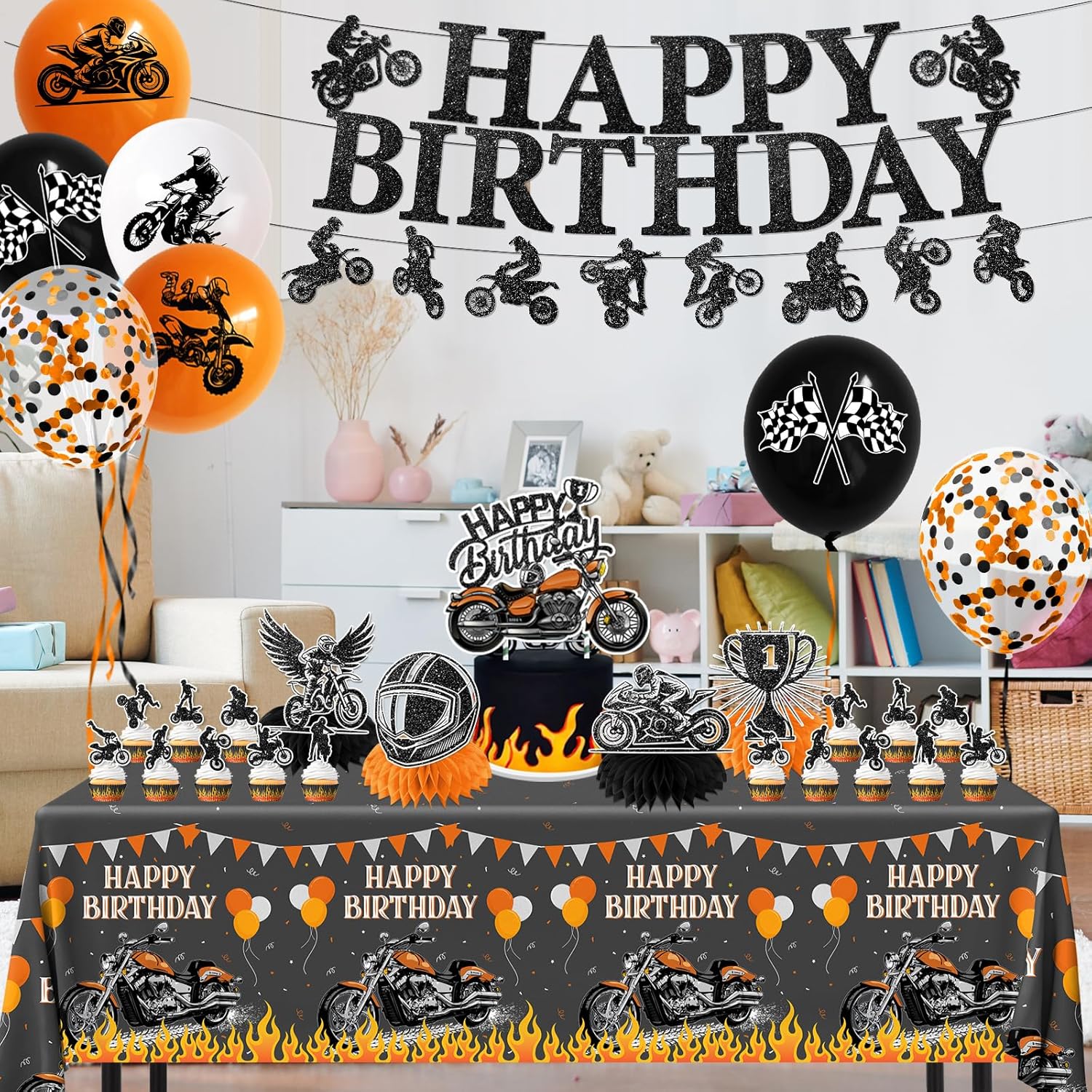 Dirt Bike Birthday Party Decorations,188pcs Flame Motocross Theme Birthday Set include Flame Racing Plates and Napkins,Cake Topper, Balloons,Motorcycle Banner for Boy Motorcycle Party Supplies