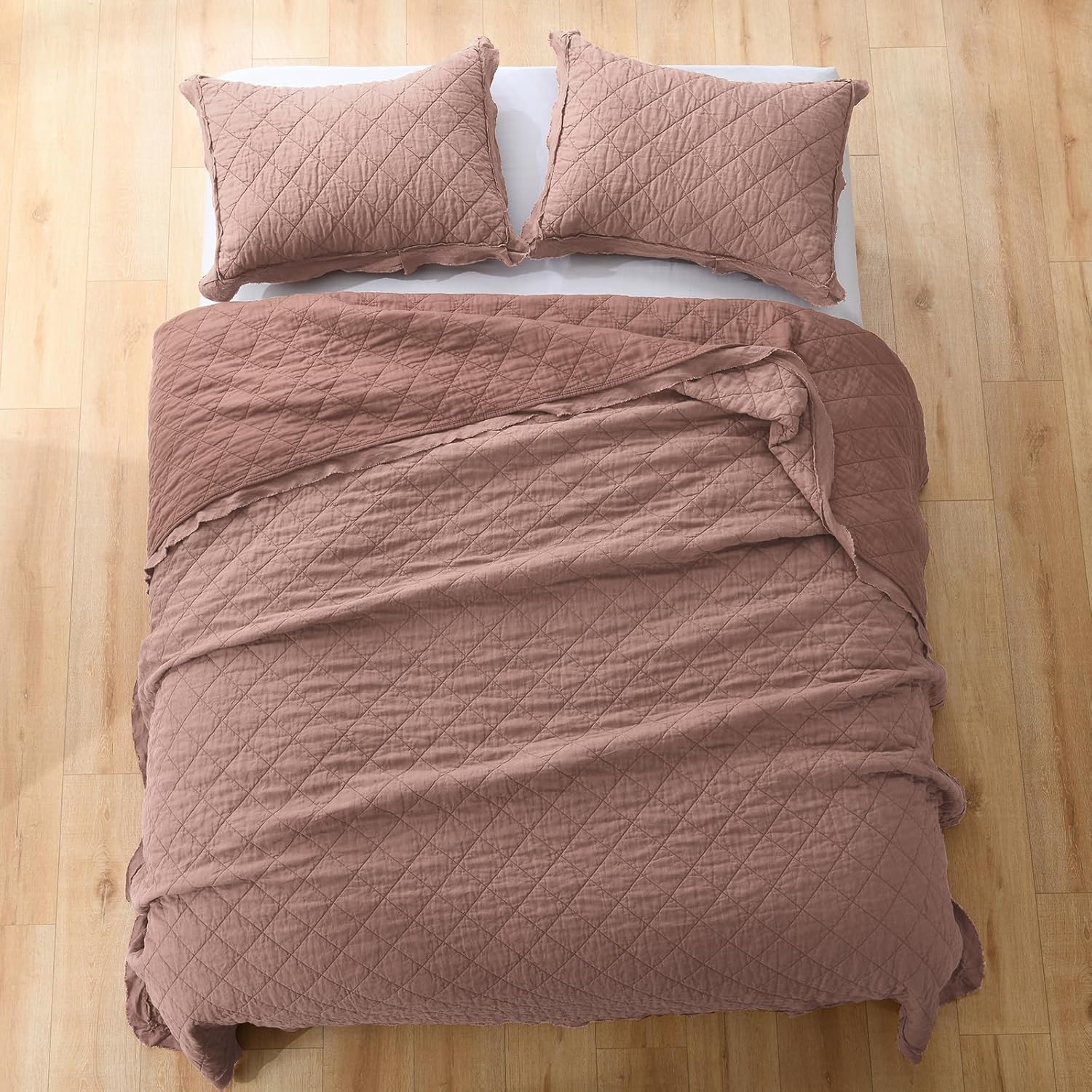 HORIMOTE HOME 100% Linen Front/100% Cotton Back Quilt Set Queen Size, Cameo Rose Pre-Washed European Flax Linen Quilt, Diamond Stitch Bedspread Coverlet Bedding Set 3-Piece for All Seasons - Image 6