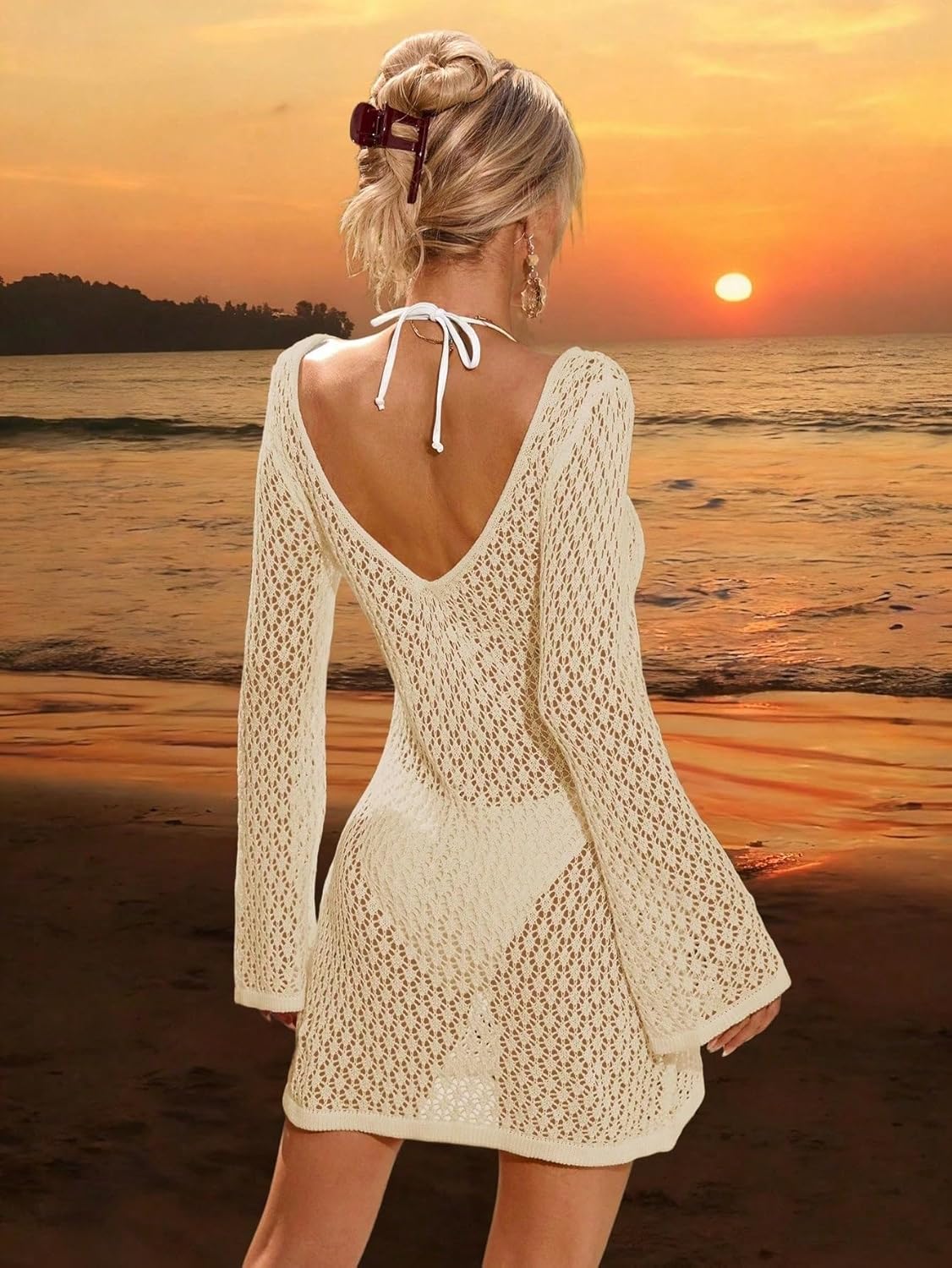 Women's Long Sleeve Hollow Out Swimsuit Cover Up, Elegant Beach, V-Neck Skirt Summer cover ups for swimwear