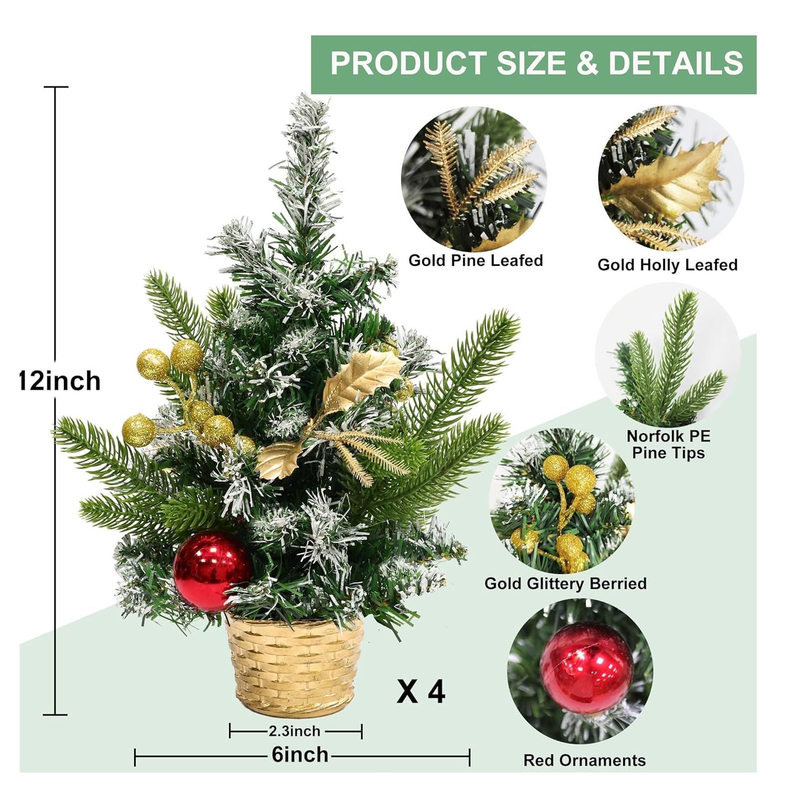 4er-Pack 30 cm/12 Zoll Mini-Tischweihnachtsbaum mit schneebedeckter Spitze, künstlicher Kleiner Weihnachtsbaum for die Innendekoration Neujahrsdekorationen
