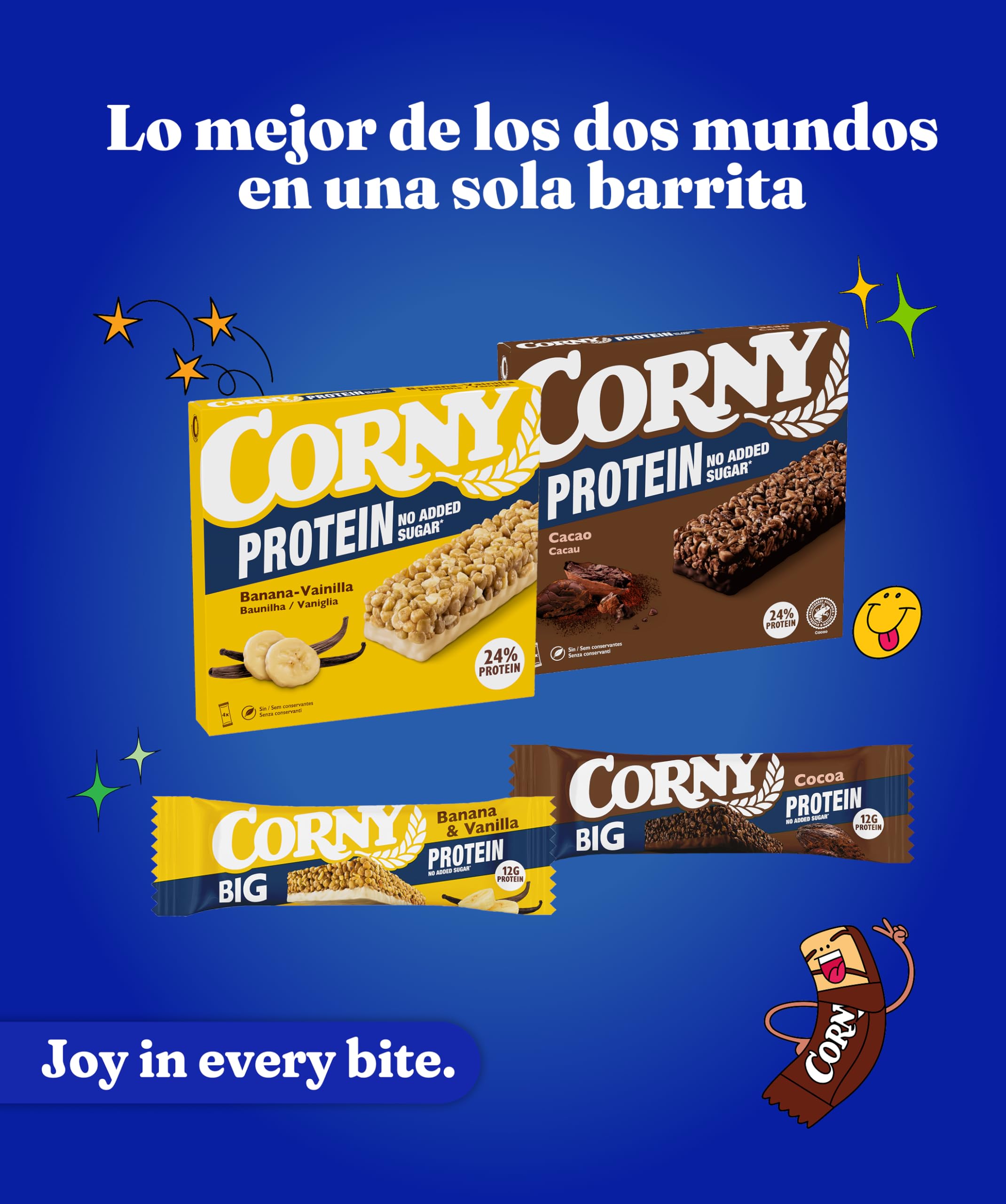 Corny Big Protein Barritas Plátano y Vainilla, 12 g Proteína, 24x50 g | Sin Azúcar Añadido, Formato Extra Grande, Ayuda a la Recuperación Muscular, Snack Fitness para Deporte y Gimnasio