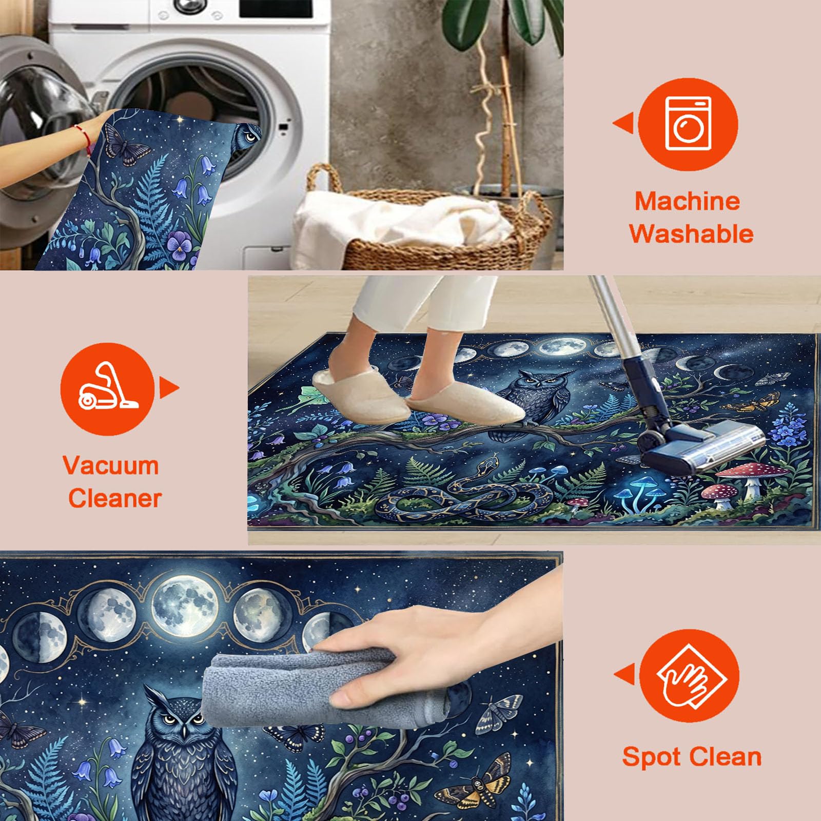Tapis Rond Lavable Hibou des Phases De La Lune pour Salon 160 cm