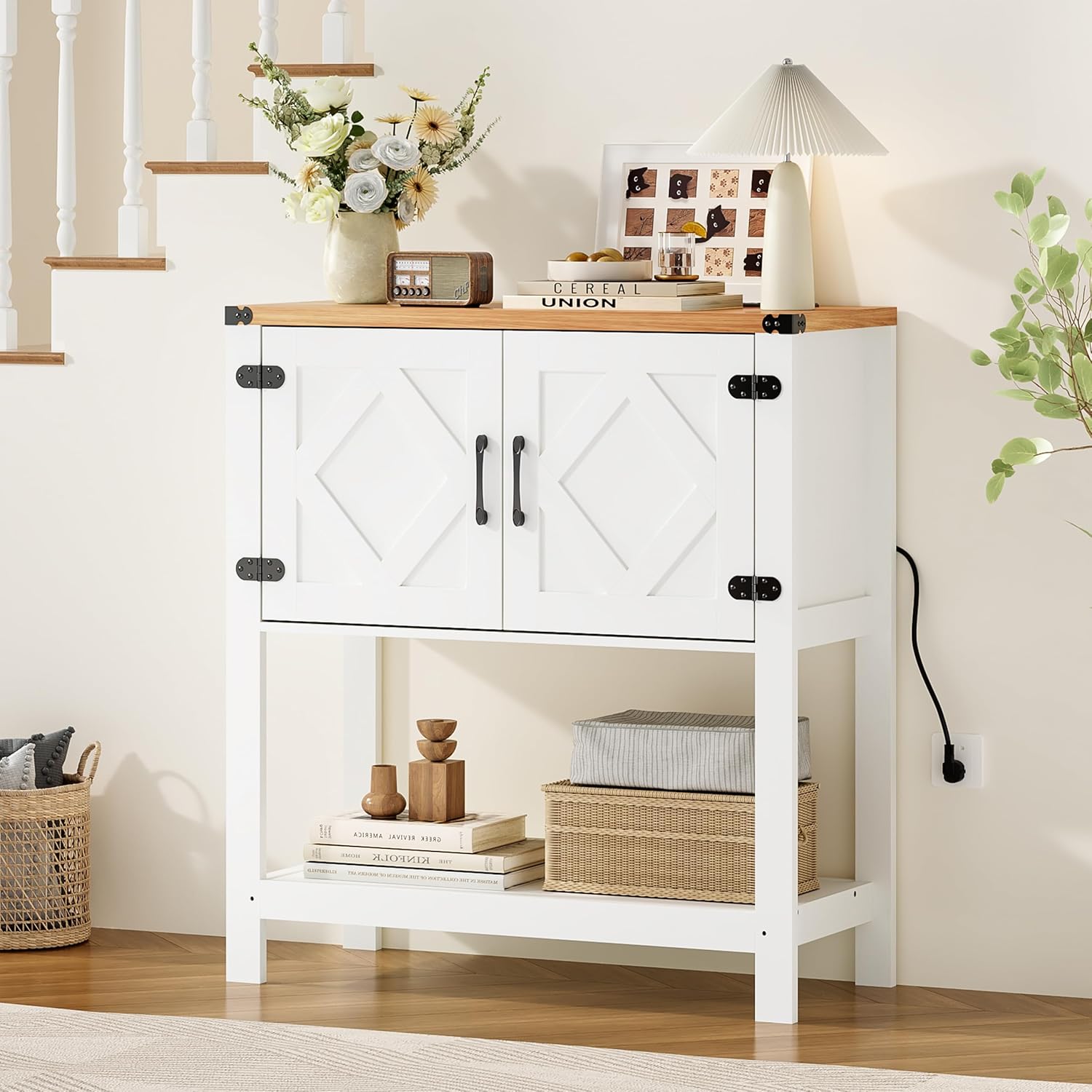 Entryway Console Table with Power Outlets and USB Port, Coffee Bar Cabinet with Doors, Farmhouse Kitchen Cabinets Sofa Table with Storage for Hallway, Foyer, Living Room, Shallow Walnut Panel