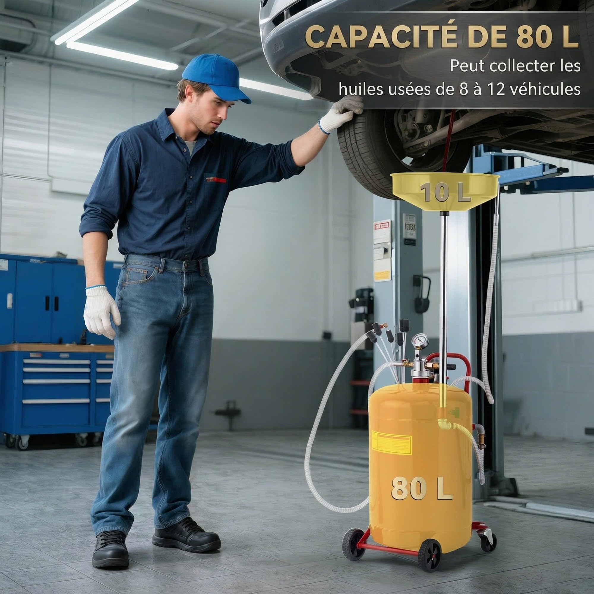 HOMCOM Récupérateur de vidange d'huile usagée 80 L, Hauteur Ajustable 101-141 cm, Chariot de récupération d'huiles Portable avec poignée et roulettes, Rouge