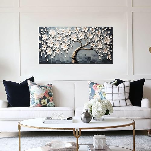 Miniatura 6 de Lienzo decorativo para pared de sala de estar, flores blancas, árbol de la vida, pinturas impresas con marco grande, decoración de pared para