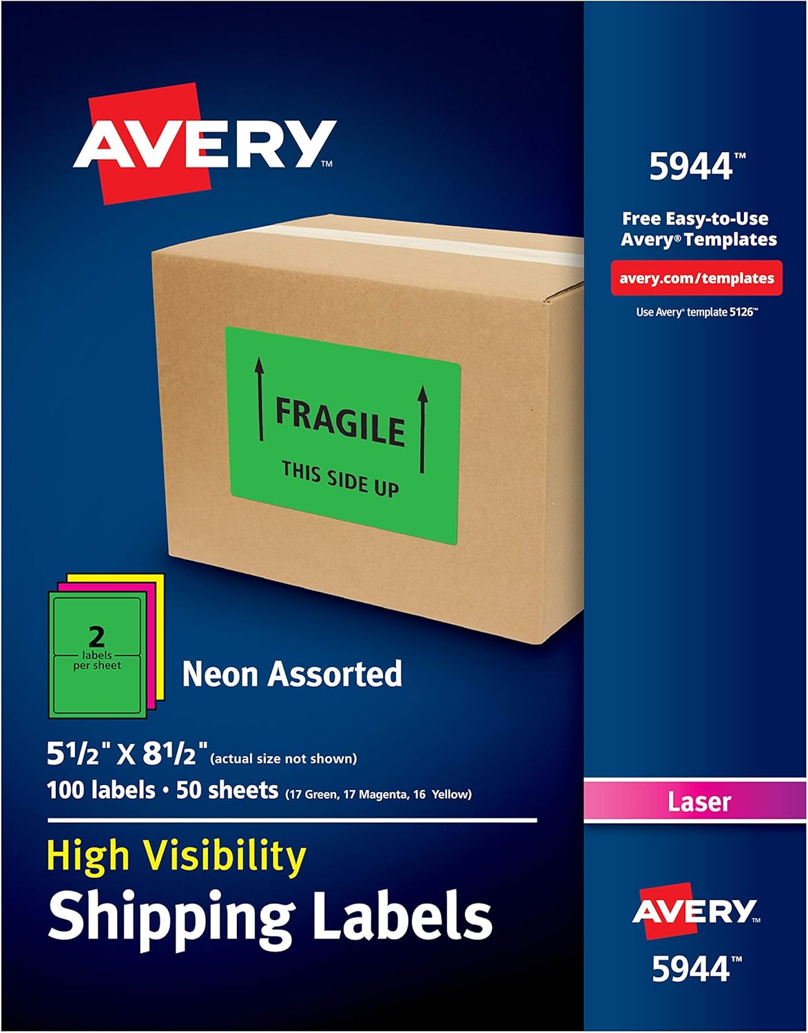 Avery Neon Shipping Labels for Laser Printers, Assorted Colors, 2121121211211-21211211/21211" x  21211-21211211/21211", 212112121 Neon Labels (2121121211211944) Pertaining To Template For Labels 8 Per Sheet