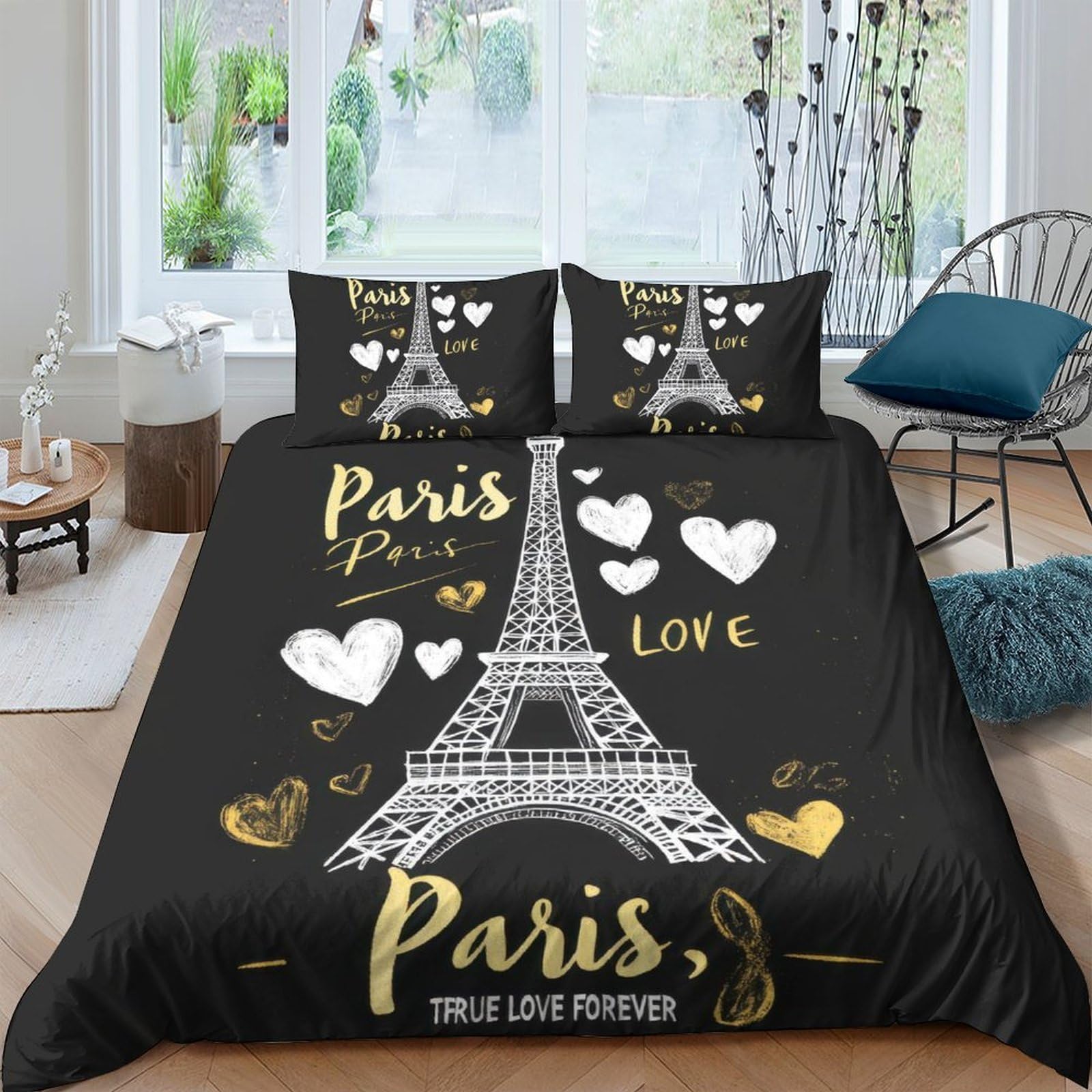 GPLZQXKJNH 3D Printed Eiffel Tower Paris Duvet Cover Microfiber Black Gold Bedding Set with 2 Pillowcases for Bedroom Decor Single（135x200cm）