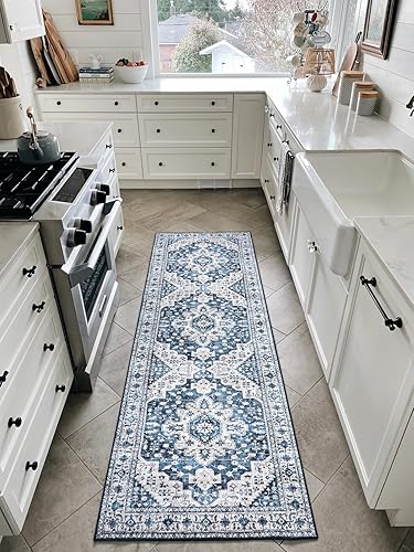 Moynesa Alfombra de pasillo lavable ultrafina  2 x 6 pulgadas, color azul, alfombra lavable para cocina, baño, alfombra de pasillo con estampado