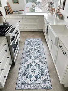 Moynesa Blue Vintage Floral Medallion Runner Rug, 2'6" x 8', Machine Washable, Non-Slip, Pet Friendly, High-Traffic Areas