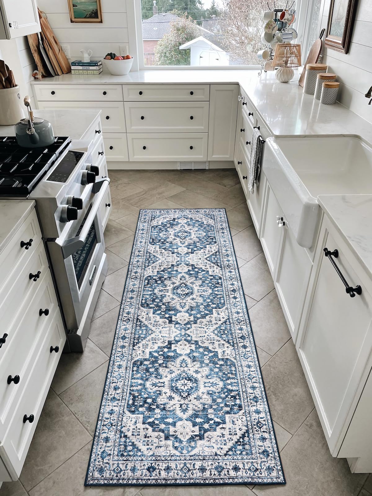Moynesa Blue Vintage Floral Medallion Runner Rug, 2'6" x 8', Machine Washable, Non-Slip, Pet Friendly, High-Traffic Areas