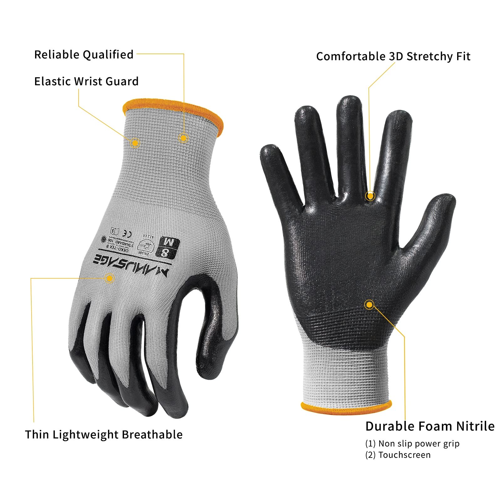 Manusage Nitril-Arbeitshandschuhe, 3D-Komfort-Stretch-Passform, leistungsstarker Griff, Touchscreen, strapazierfähiger Schaumstoff beschichtet, flexibel, leicht, maschinenwaschbar, Größe L, Grau, 6