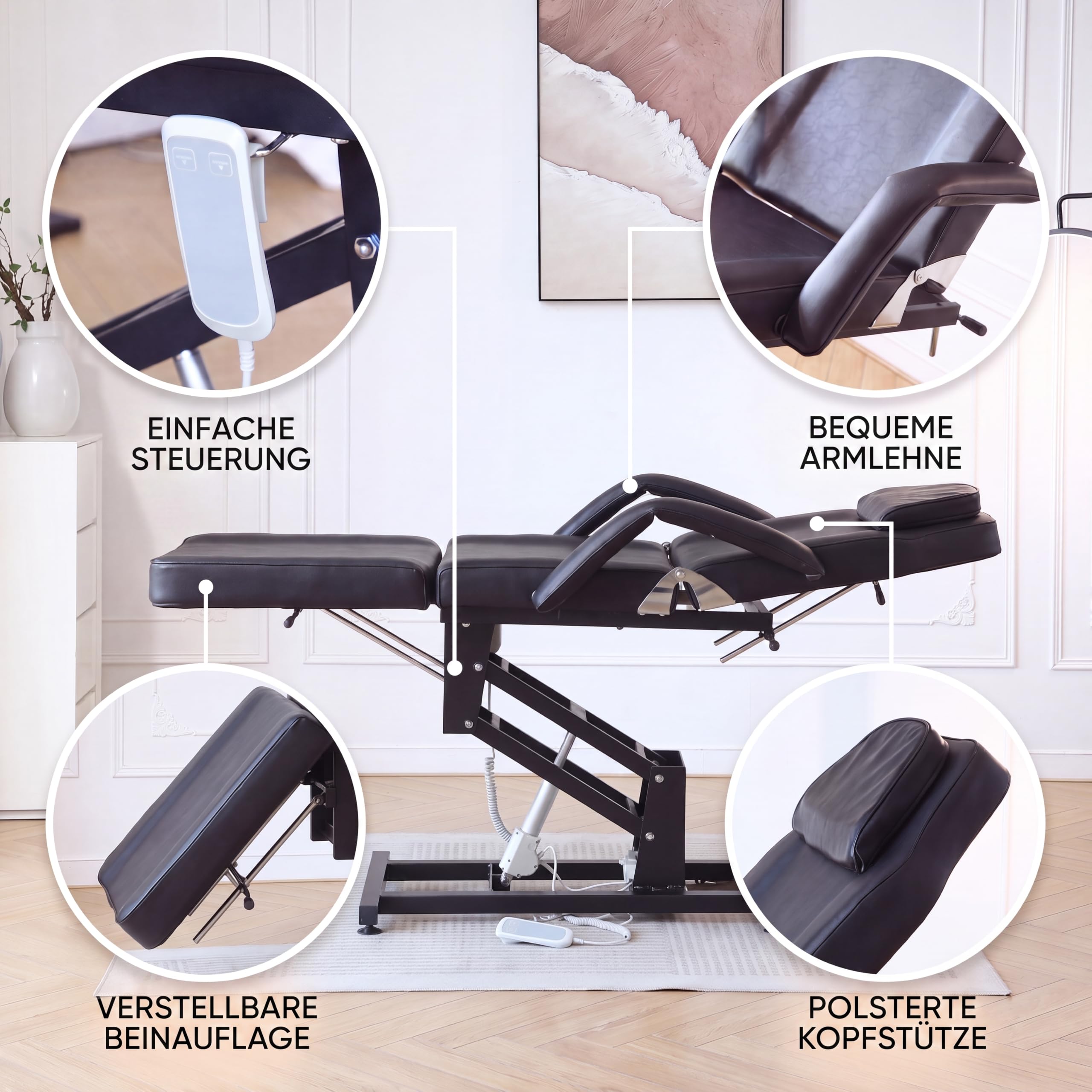 Kosmetikliege Elektrisch, Kosmetikstuhl Höhenverstellbare, Massagetisch & Tattooliege mit abnehmbaren Armlehnen & Kopfteile, Massageliegen PU-Leder Set für Spa, Tattoo, Gesichtspflege (Schwarz)