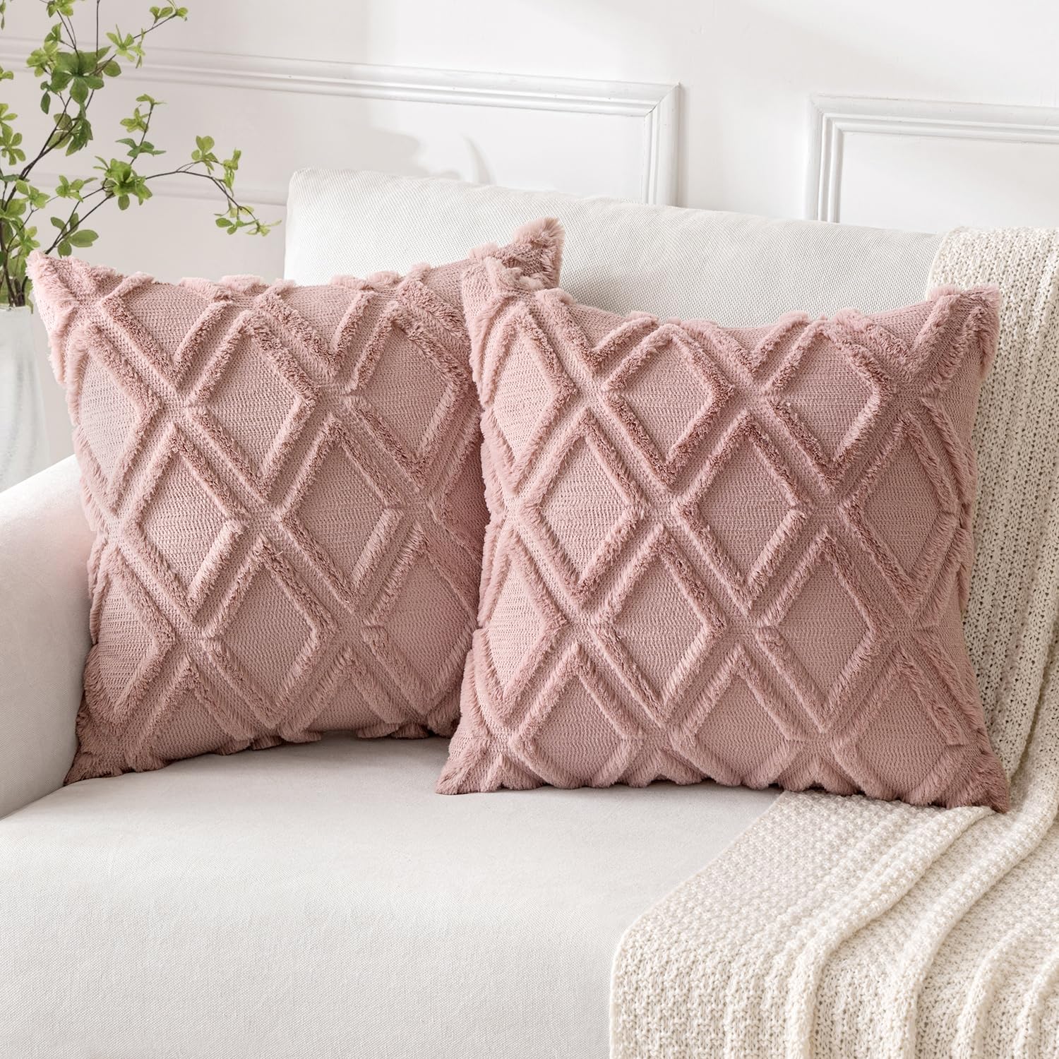 MIULEE Weihnachten 2er Set Kissenbezug Zierkissen Wolle Samt Fellkissen kissenhülle kuschelkissen Boho Deko Kissen Flauschig Sofakissen Dekokissen für Sofa Schlafzimmer 40x40 cm Dunkelrosa