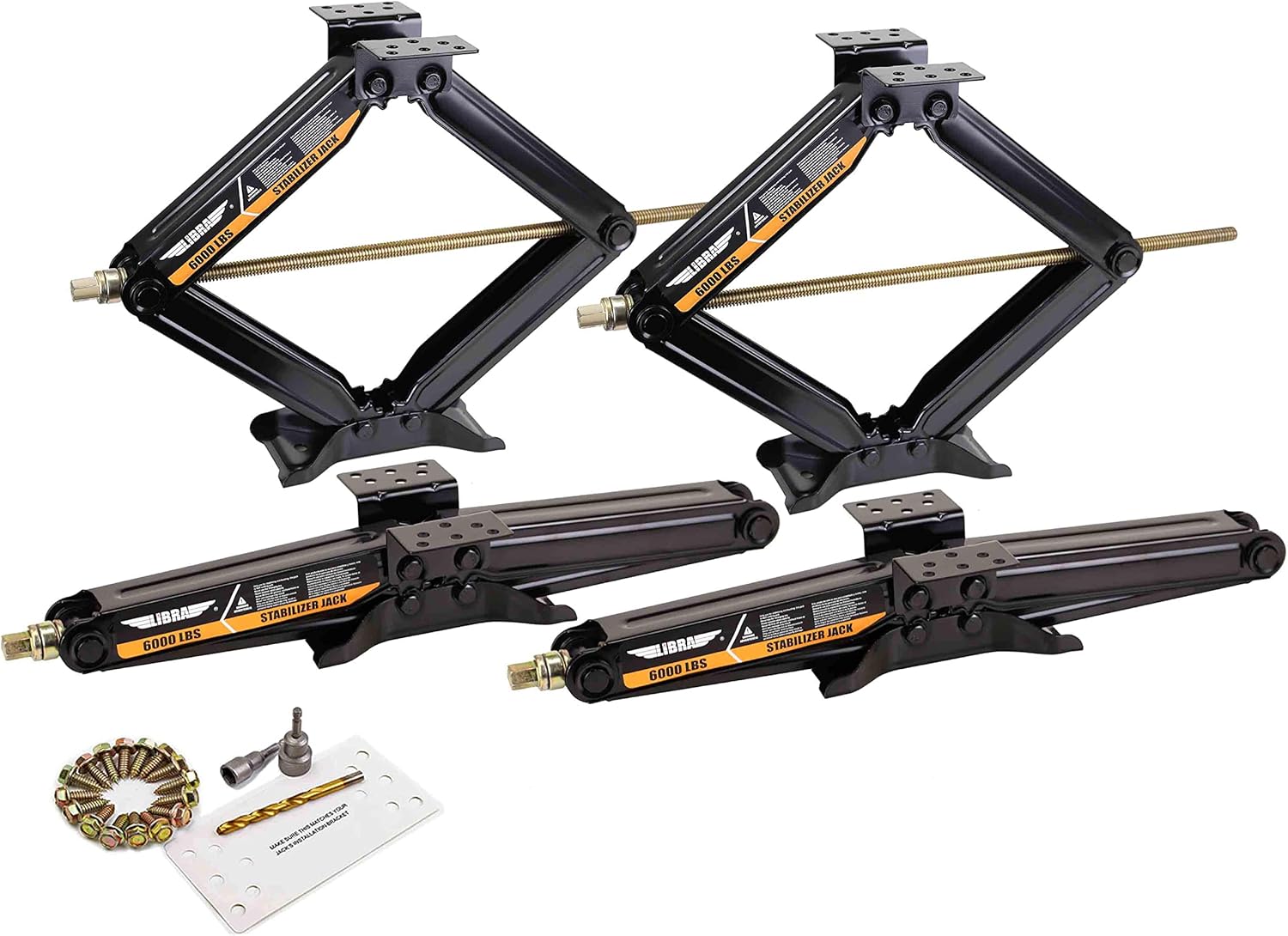 LIBRA Set of 4 6000 lb 24" RV Trailer Stabilizer Leveling Scissor Jacks w/Dual Power Drill Sockets & Complete Set of Mounting Hardware -Model# 26088
