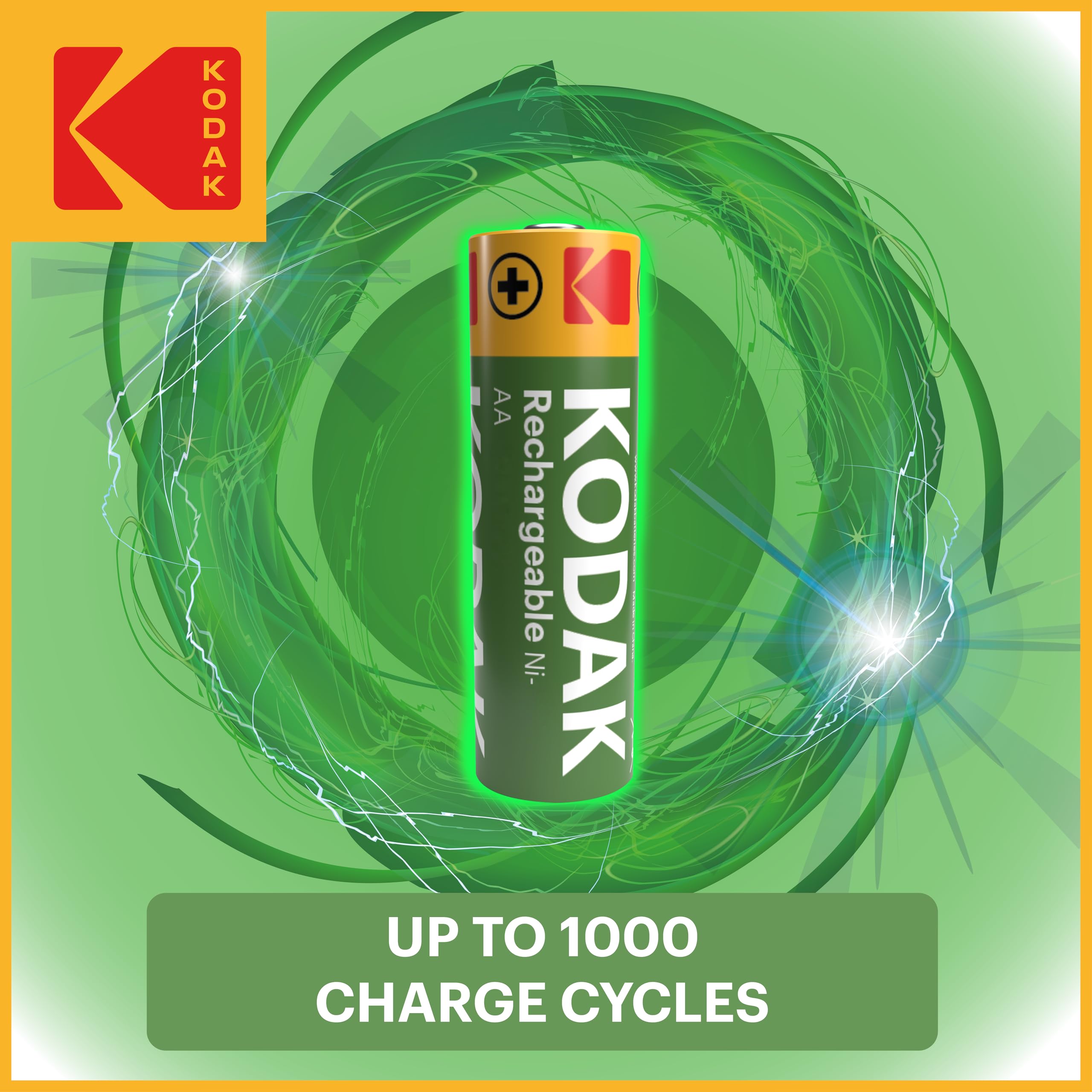 Kodak Lot de 4 piles AA rechargeables avec chargeur de batterie USB-C à 4 emplacements (sans adaptateur inclus), compatibles avec piles AA et AAA (NiMH), charge double A ou triple A, 1000 cycles de