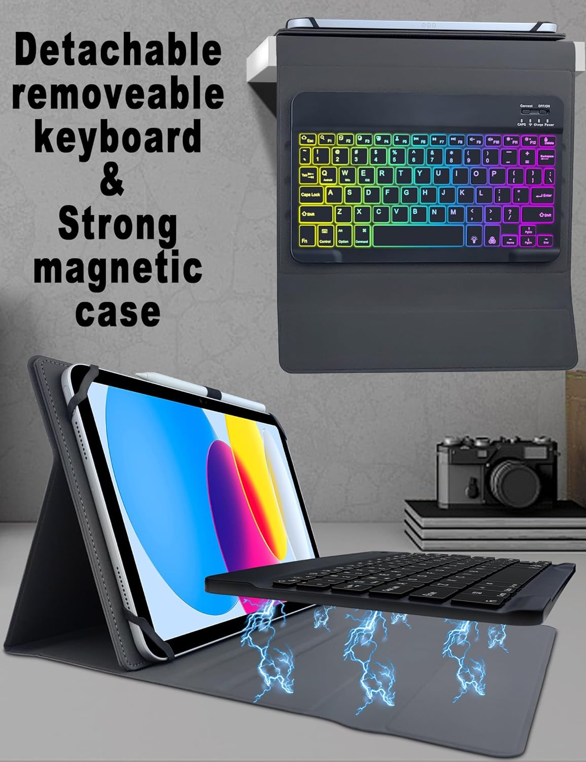 Universal Tablet Keyboard Case for 9.7",10.1",10.2",10.5",10.9",11" iPad Samsung Fire Pixel Android 10.1 inch Tablets, 7 Color Rainbow Backlit Removable Keypad with Pen Holder (Black) - Image 4