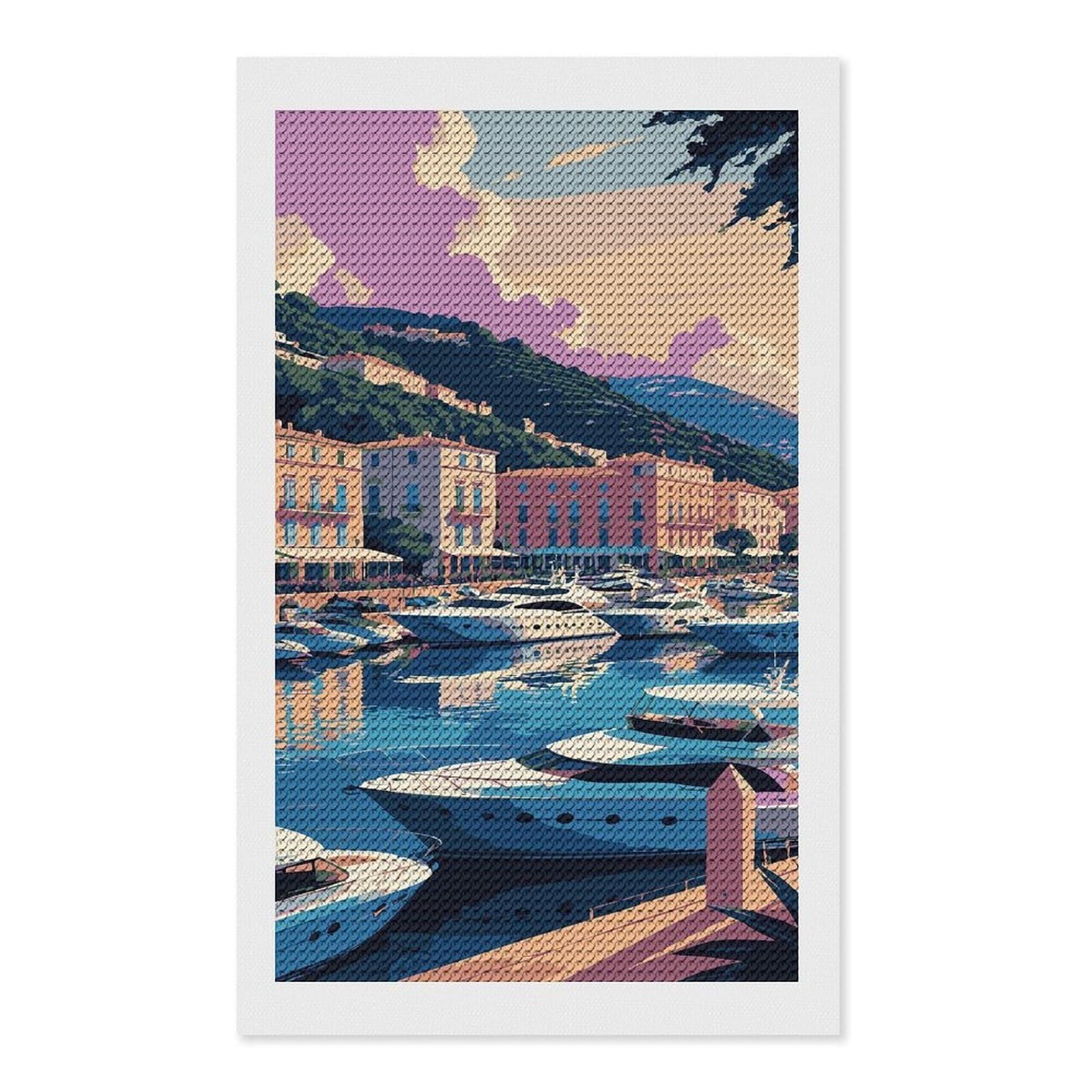 Junmoney Coastal Cityscape with Yachts and Buildings Diamond Art Canvas 12"x20", for Adults, Pleasing Wall Art Project, Modern Decor, Gift Idea, Nice Detail and Sparkle