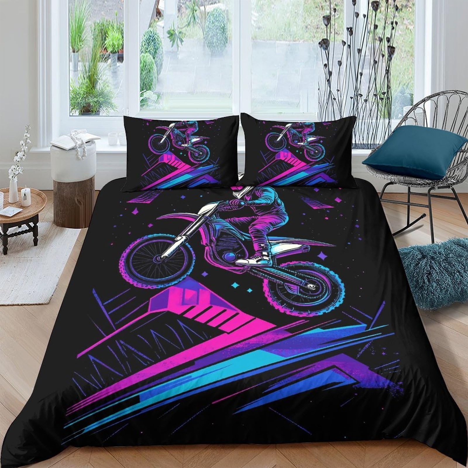 GPLZQXKJNH 3D Printed Neon Motocross Duvet Cover Set Microfiber Soft Breathable Dirt Bike Bedding Set with 2 Pillowcases for Bedroom Decor Single（135x200cm）