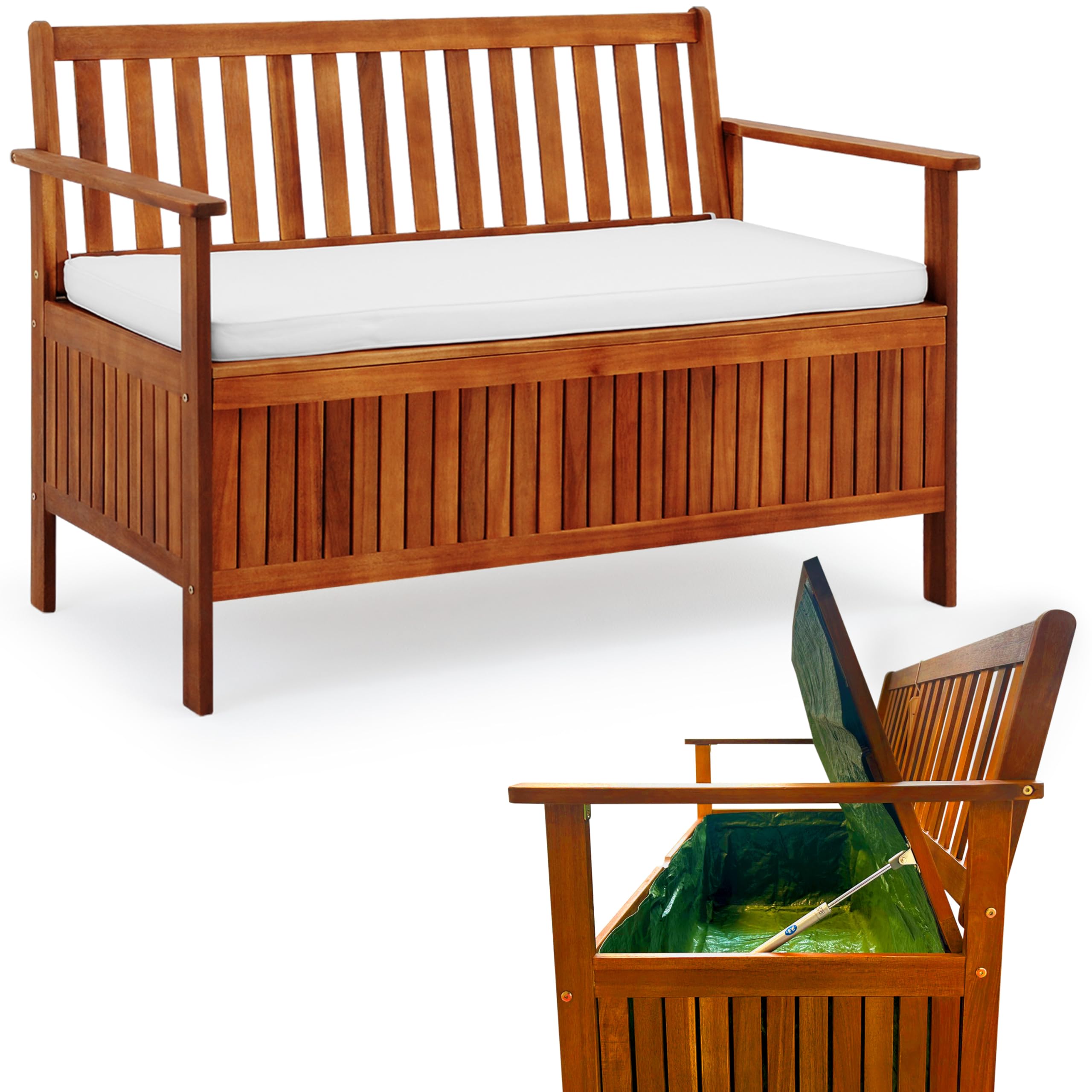 Casaria® Gartenbank Gartenbox Wetterfest Holz 320kg Belastbarkeit Staufach Sitzauflage Regenplane Garten Balkon Sitzbank Parkbank 120x84cm Akazie