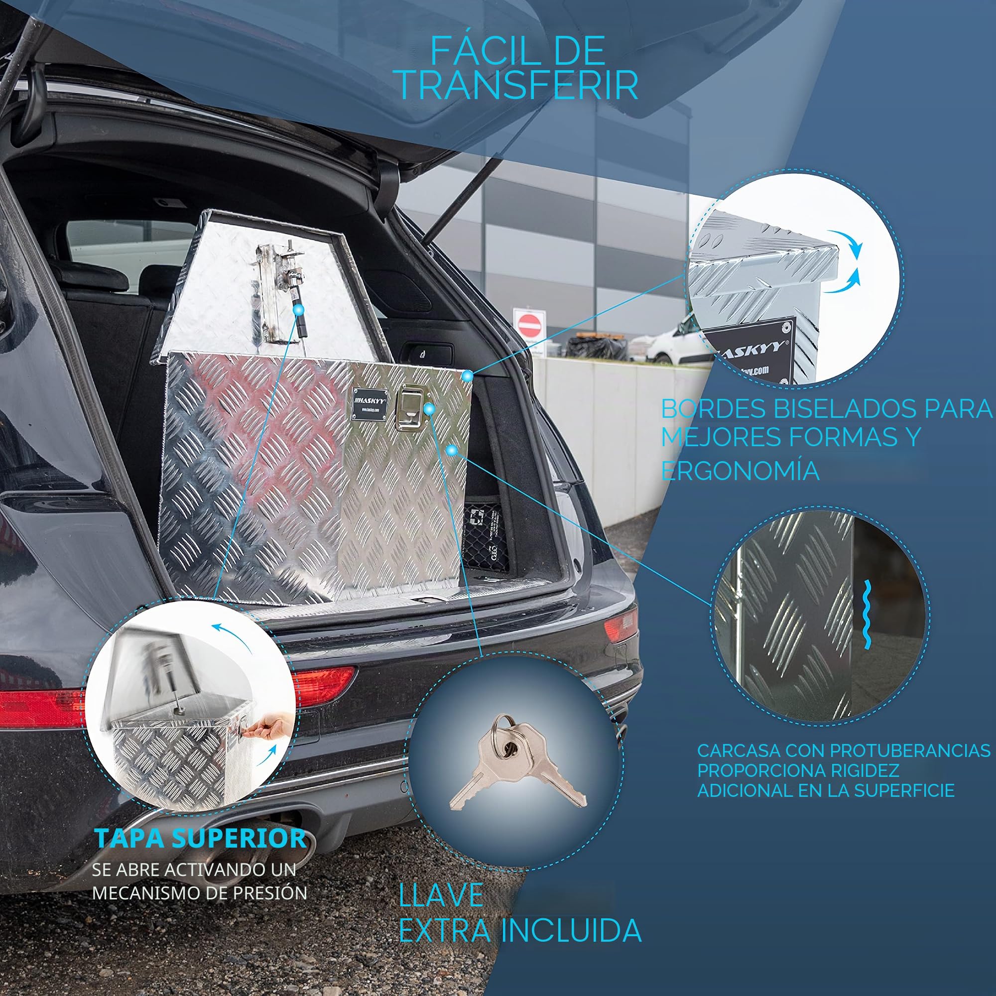 HASKYY Caja de transporte Caja de Herramientas de aluminio 61 L trapecio Caja de remolque 700 x 285 x 420 mm asa Lateral y Llaves Seguridad, a Remolque, Camioneta, Autocaravana