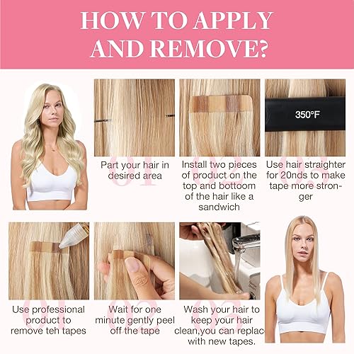 Miniatura 5 de GOO GOO - Extensiones de cabello rubio con cinta adhesiva de 24 pulgadas, balayage, rubio ceniza a rubio dorado y rubio platino, extensiones de