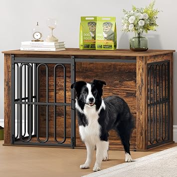 HEXCELEN Dog Crate Furniture, 100   60   62.4 cm, Wooden Dog Crate with Double Doors, Sliding Doors, End Side Table Animal Crates for Small Medium Dogs, Brown, Animal Cage Furniture for Home