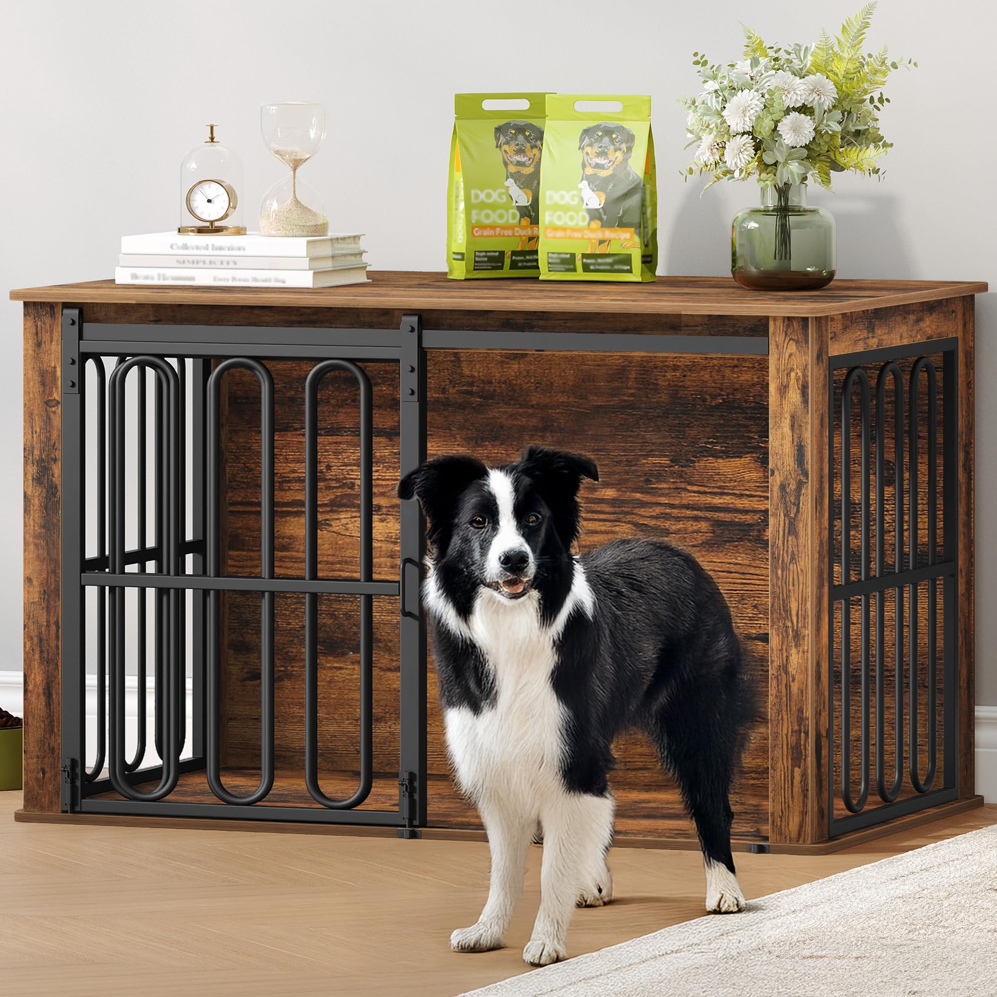 HEXCELEN Jaula para Perros Mueble de Madera, 100 × 60 × 62,4 cm, 2 Puertas, para Interiores, Jaula Resistente para Perro, Mesa Auxiliar, Marrón, para Perros Pequeños y Medianos, Moderna