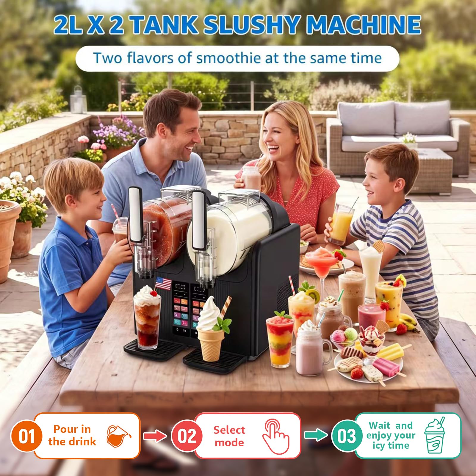 Macchina per Granita Slushie Machine 2 x 2L, Granitore per Granite Professionale Macchina per Granite da Casa Sorbettiera Macchina per Bevande Ghiacciate con 7 Programmi, per Gelato, Frappè, Milkshake