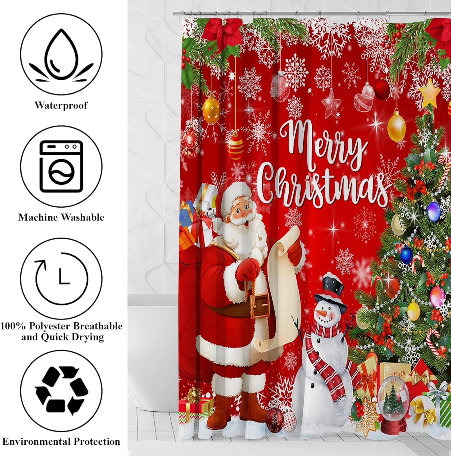 Mocsicka Red Christmas Shower Curtain Set for Bathroom, 4Pcs Santa Claus Snowman Winter Bathroom Sets with Non Slip Rugs, Toilet Lid Cover, Bath Mat, Shower Curtain, Bathroom Decor with 12 Hooks