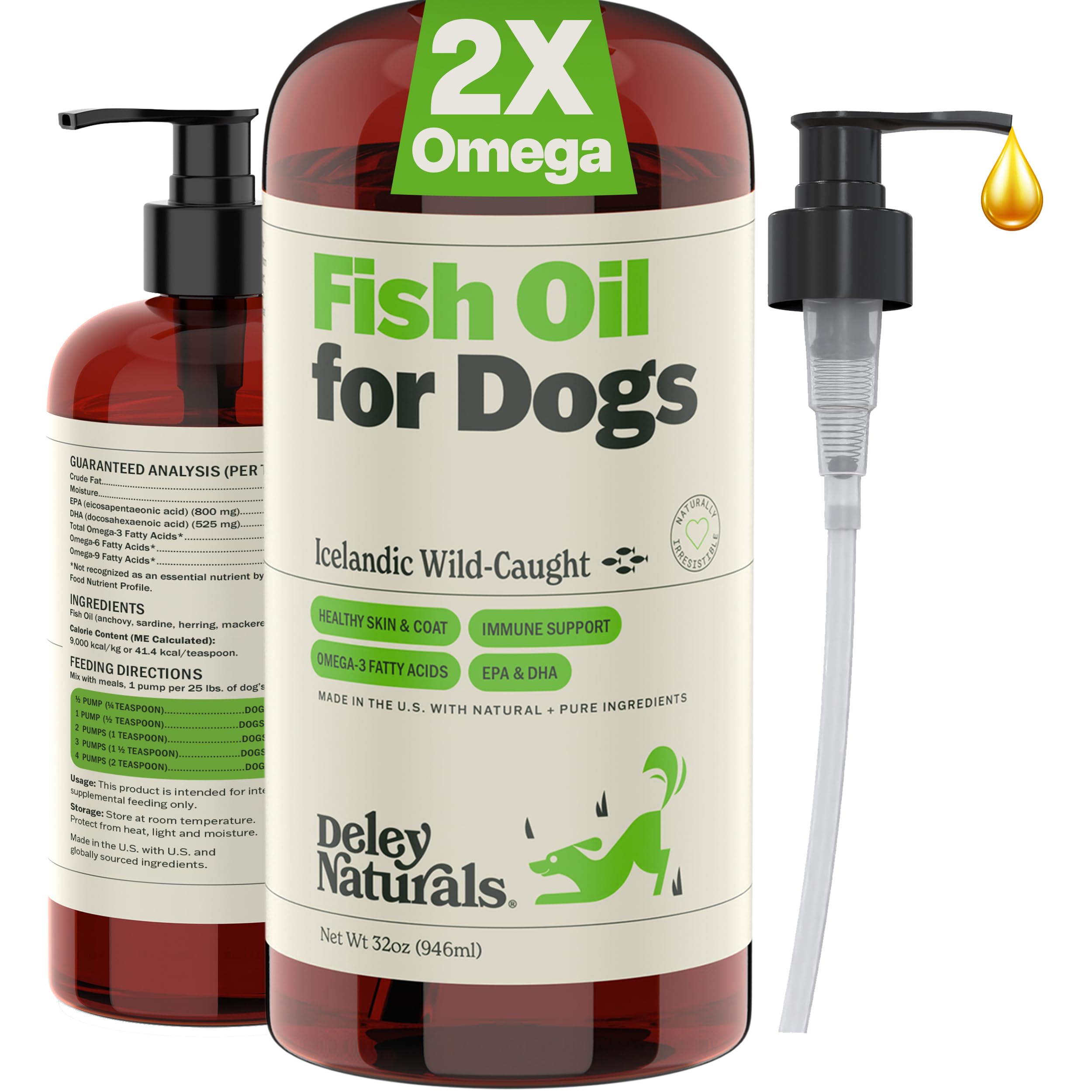 Deley Naturals Dog Fish Oil Icelandic 2X Omega - Dog Itching Skin Relief with Omega 3 6 9 for Allergies, Coat & Heart - Omega 3 Fish Oil for Dogs Skin Irritation - 32oz Omega Oil for Dogs Made in USA