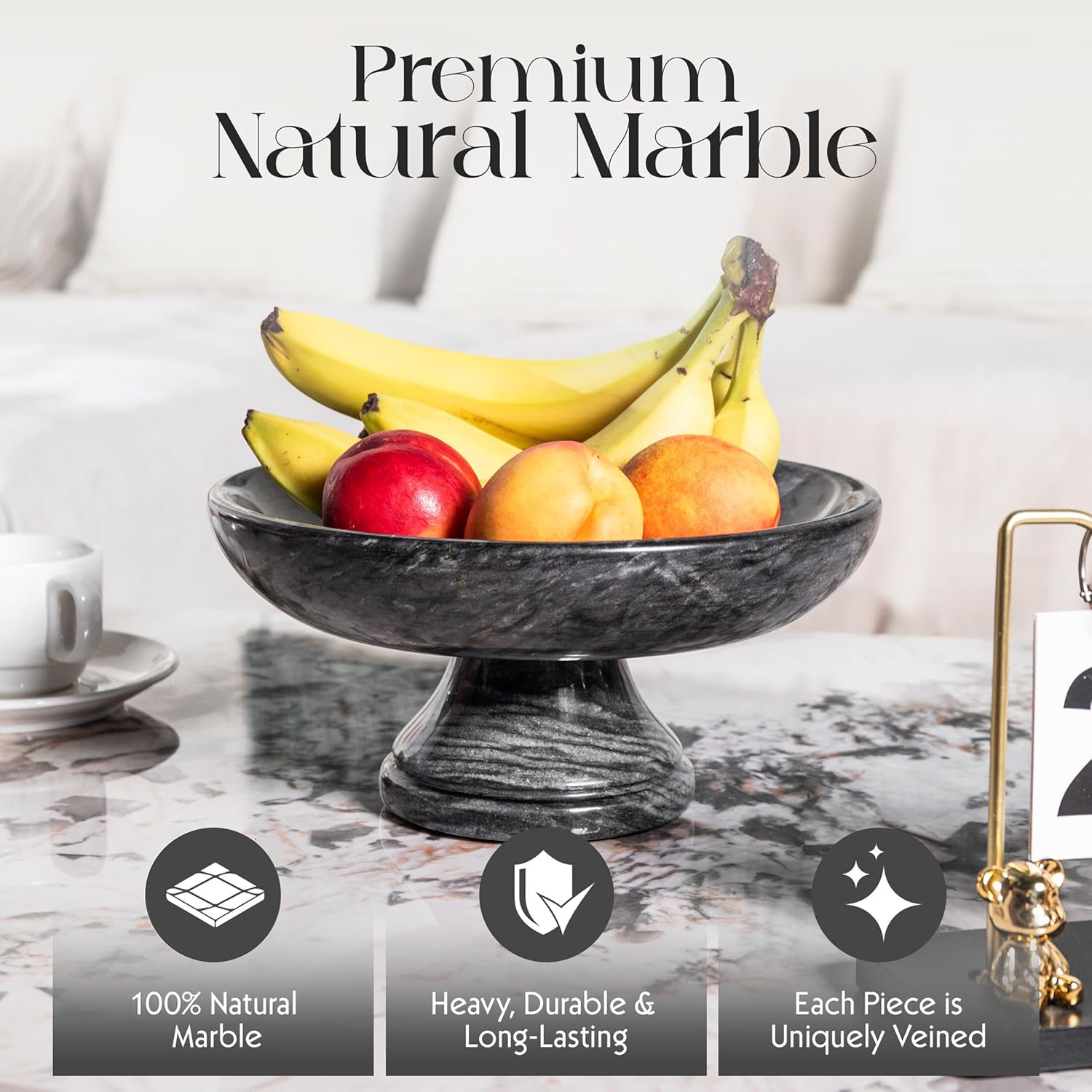 Black Marble Fruit Bowl with Anti-Slip Pads, Decorative Footed Marble Bowl for Kitchen Countertop & Dining Table Centerpiece, Large Decorative Bowl, Black, 9.8 in
